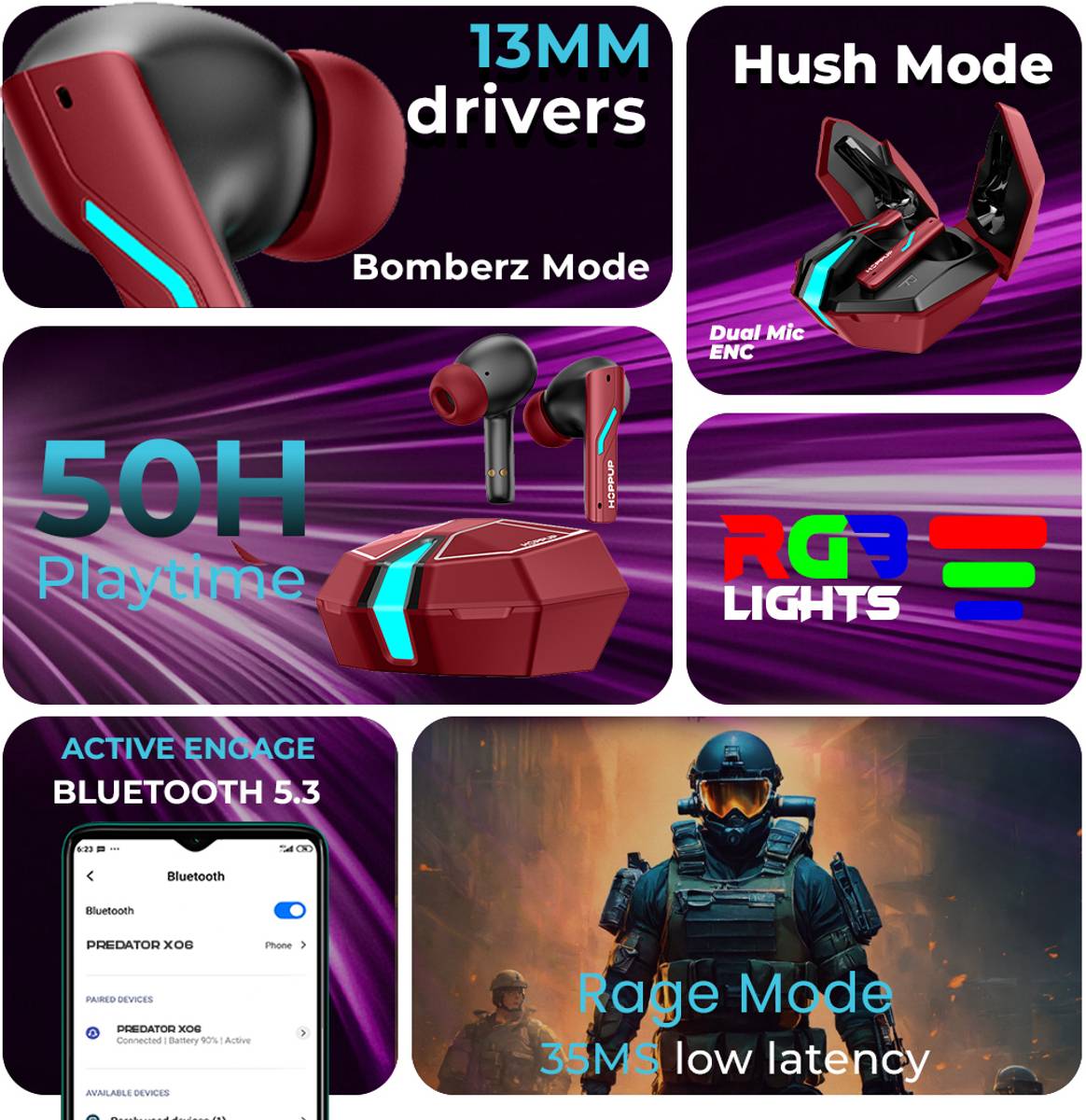 HOPPUP Xo6 Gaming Earbuds with 35MS Low Latency, RGB LED, 13MM DRIVERS & 50H PlayTime Bluetooth Gaming — photo 2