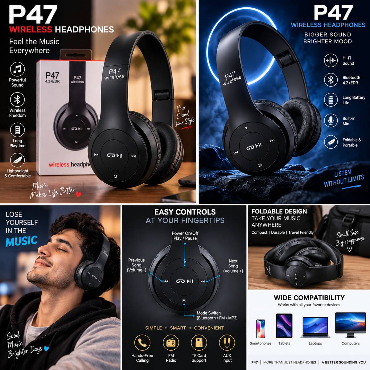 WHITE-P47 HEADPHONE-OO1 Bluetooth without Mic