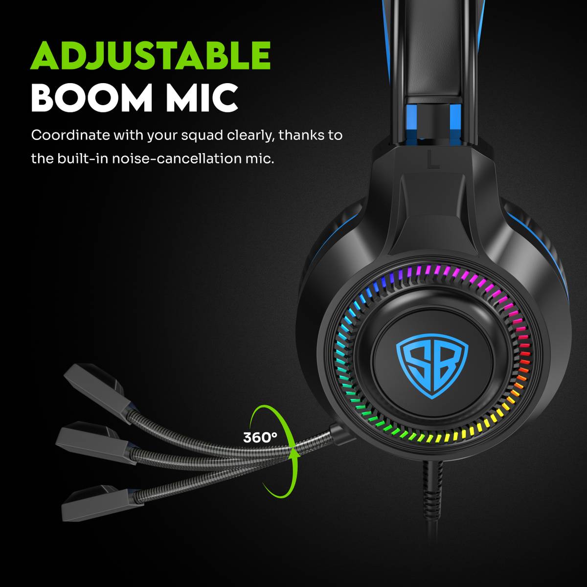SpinBot BattleBudz H2 Headphone RGB Light|Boom Mic|Suspension Headband|Braided Cable| Wired Gaming — photo 2
