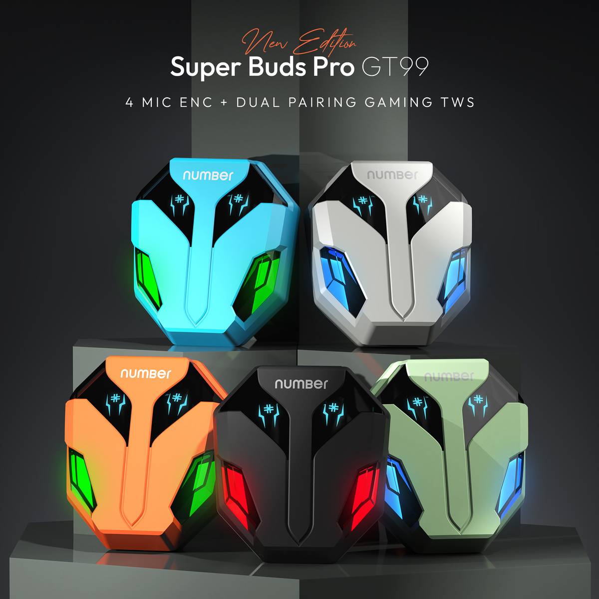 Number Super Buds Pro GT99 Dual Pair, 4 Mic ENC Gaming RGB TWS,35ms Latency,50H Battery Bluetooth Gaming — photo 2