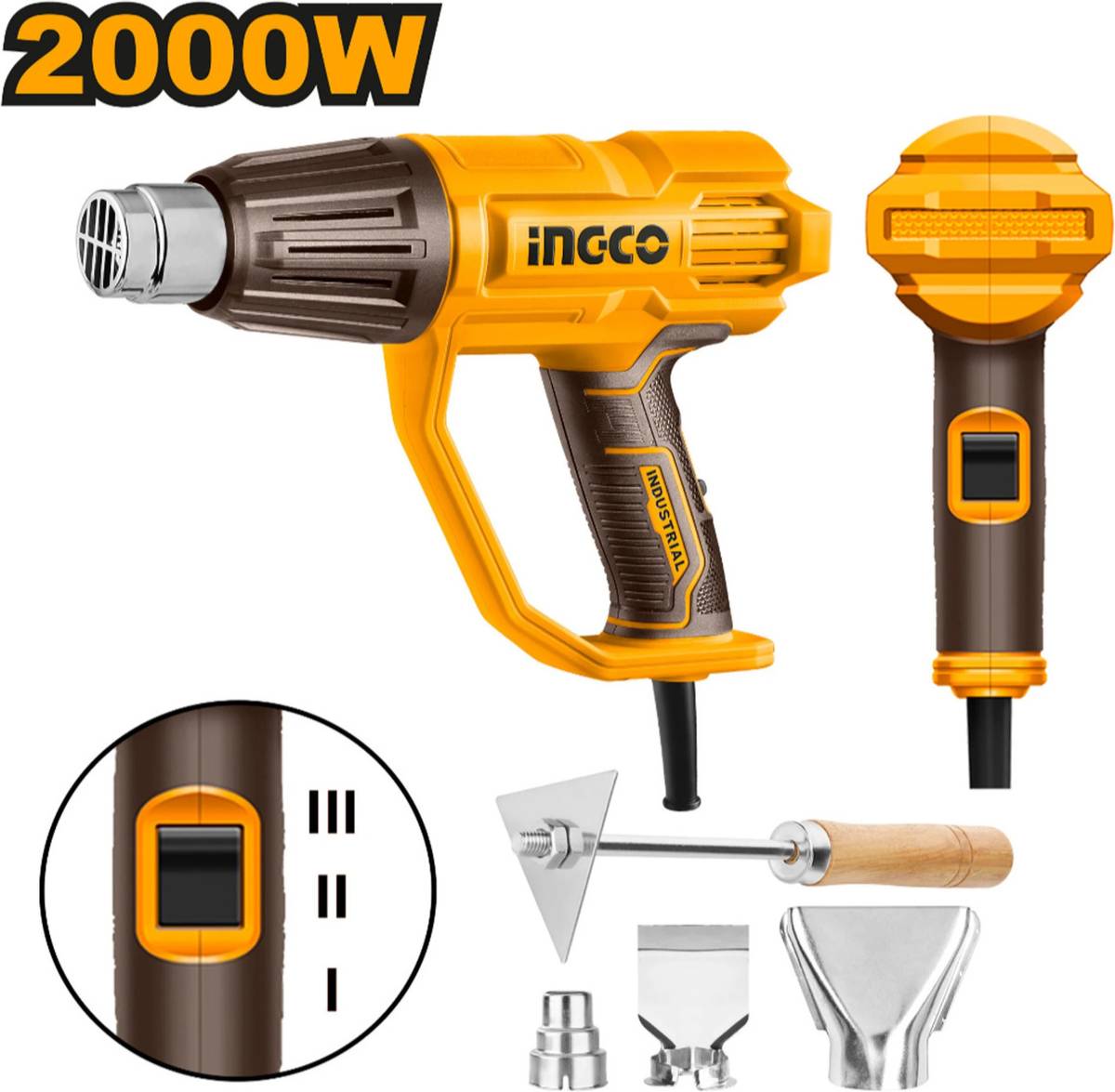 INGCO Heat Gun with 3 Nozzles, 50/450°C/550°C 2000 W Heat Gun