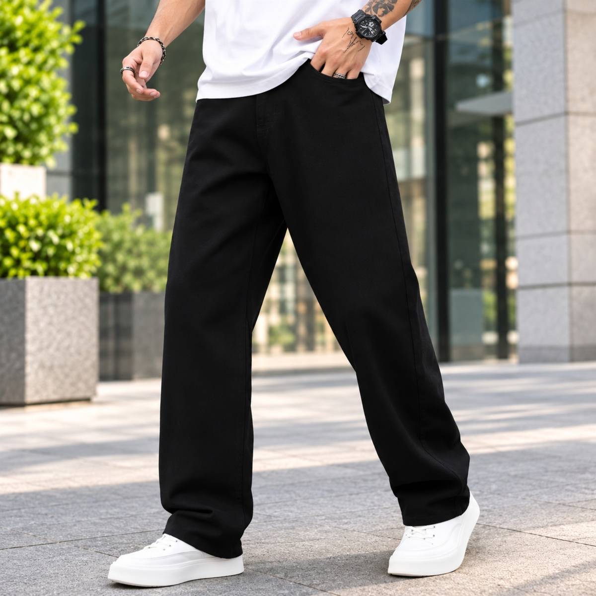 maladenim Wide Leg Men Black Jeans