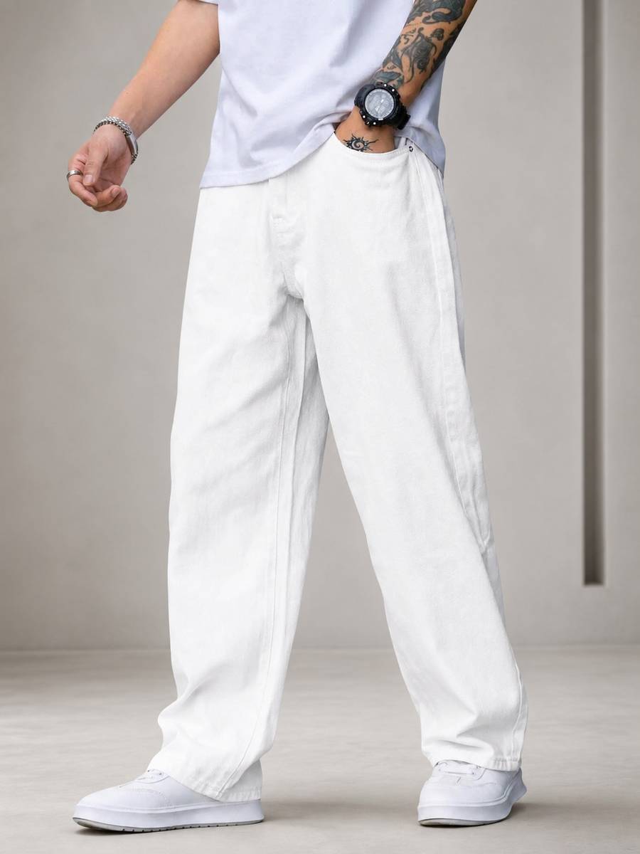 GENZ VANE Relaxed Fit Men White Jeans