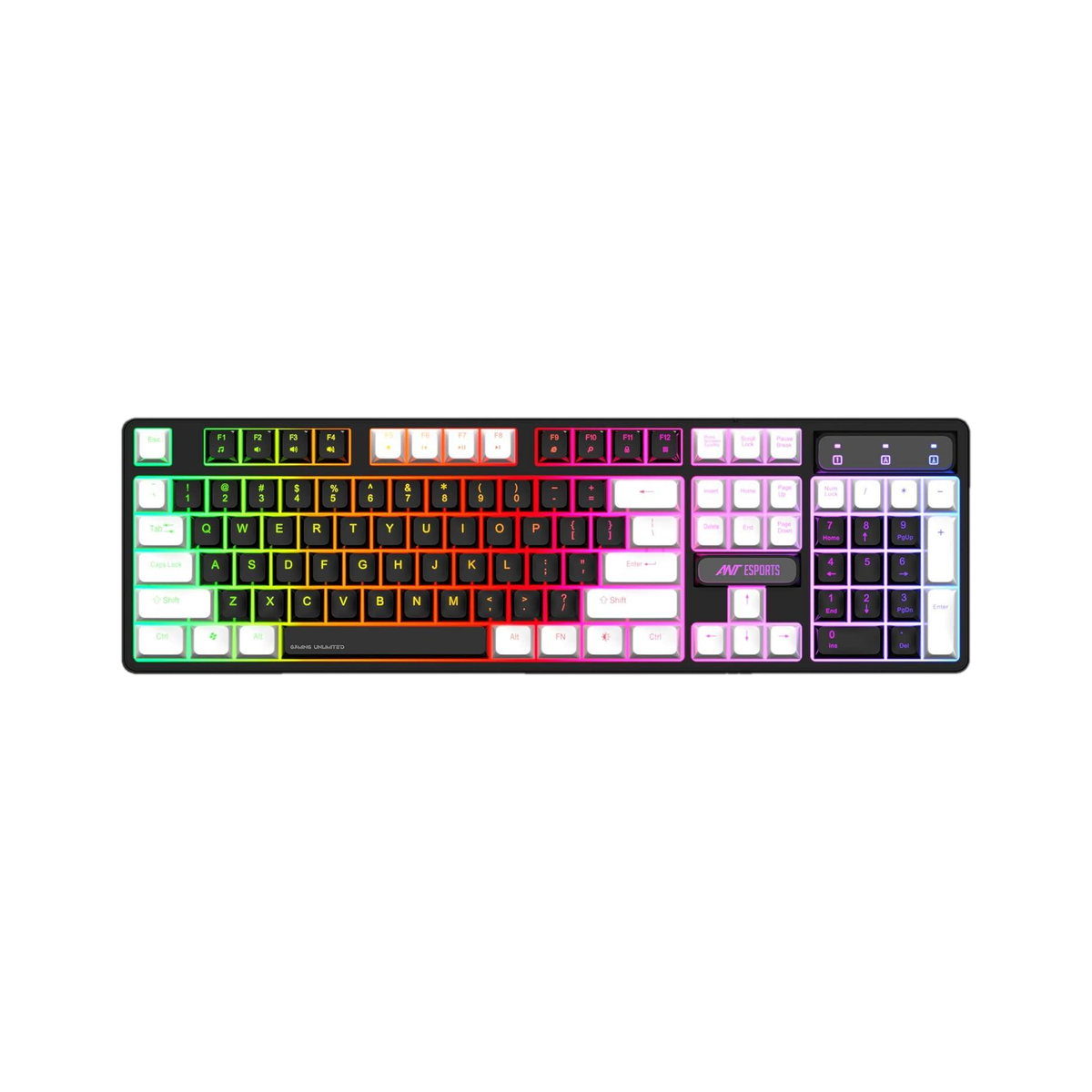 Ant Esports MK1400 / Rainbow LED Illumination, White and Black Keycaps, Backlit Membrane Wired USB Standard Gaming Keyboard Compatible with Desktop, Laptop, Mac Backlit Membrane Mixed Colour Lighting, White & Black Keycaps, Double Injection Key Caps