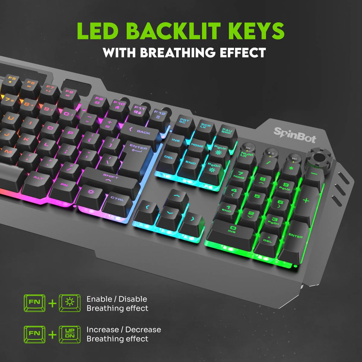 SpinBot Rage K20 LED Backlit|Metal Body|19 Anti-Ghosting Keys |Volume Control Knob| Wired USB Standard Gaming Keyboard Compatible with Desktop, Laptop, Mac — photo 3
