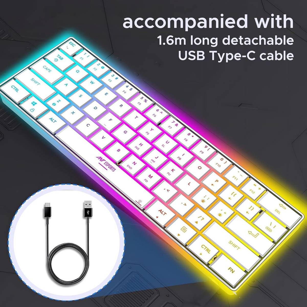 Ant Esports MK 1500 Mini / 60% Pro RGB, Type-C Charging, 1000 mAh battery, Membrane Wireless Tenkeyless Gaming Keyboard Compatible with Desktop, Laptop, Mac Rechargeable 1000 MAH Battery, with Compact Tenkeyless Layout, Backlit LED Illumination — photo 2