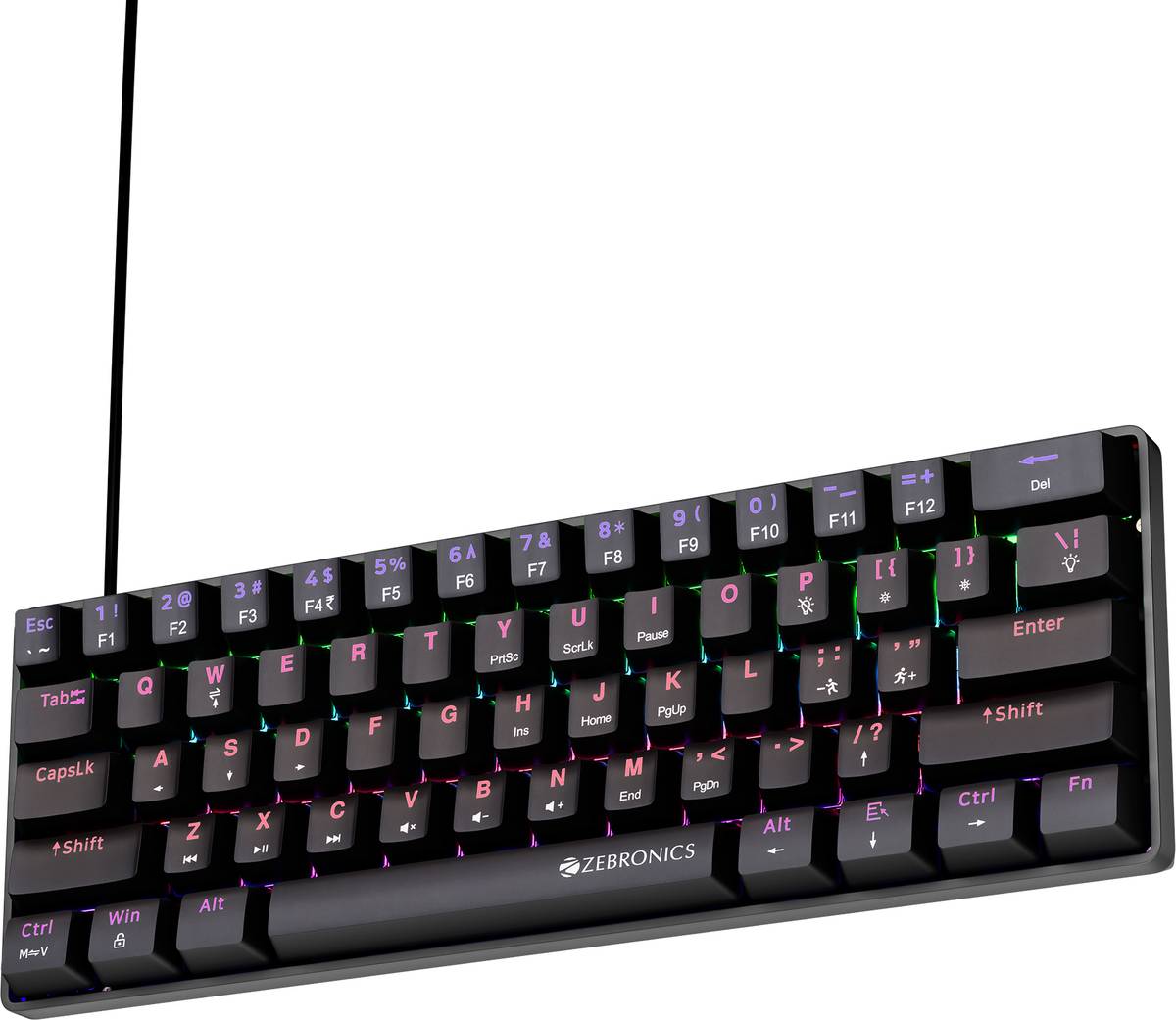 ZEBRONICS ZEB-MK1 Wired USB Tenkeyless Gaming Keyboard Compatible with Desktop, Laptop, Mac with 61 Keys Layout, Smooth Red Mechanical Switches, Double-Shot Injection Keycaps, Whisper-Quiet Keystrokes, Multi-Key Anti-Ghosting