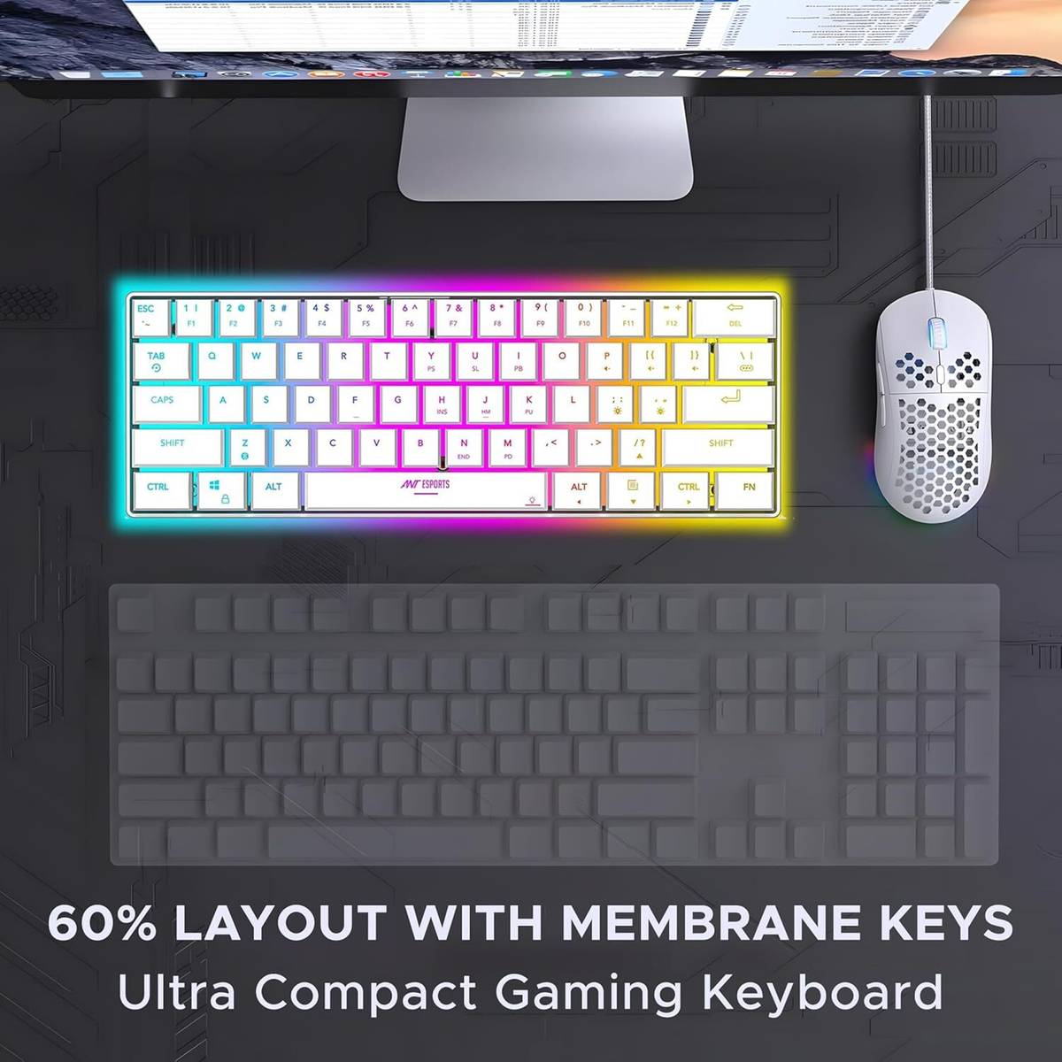 Ant Esports MK 1500 Mini / 60% Pro RGB, Type-C Charging, 1000 mAh battery, Membrane Wireless Tenkeyless Gaming Keyboard Compatible with Desktop, Laptop, Mac Rechargeable 1000 MAH Battery, with Compact Tenkeyless Layout, Backlit LED Illumination — photo 4