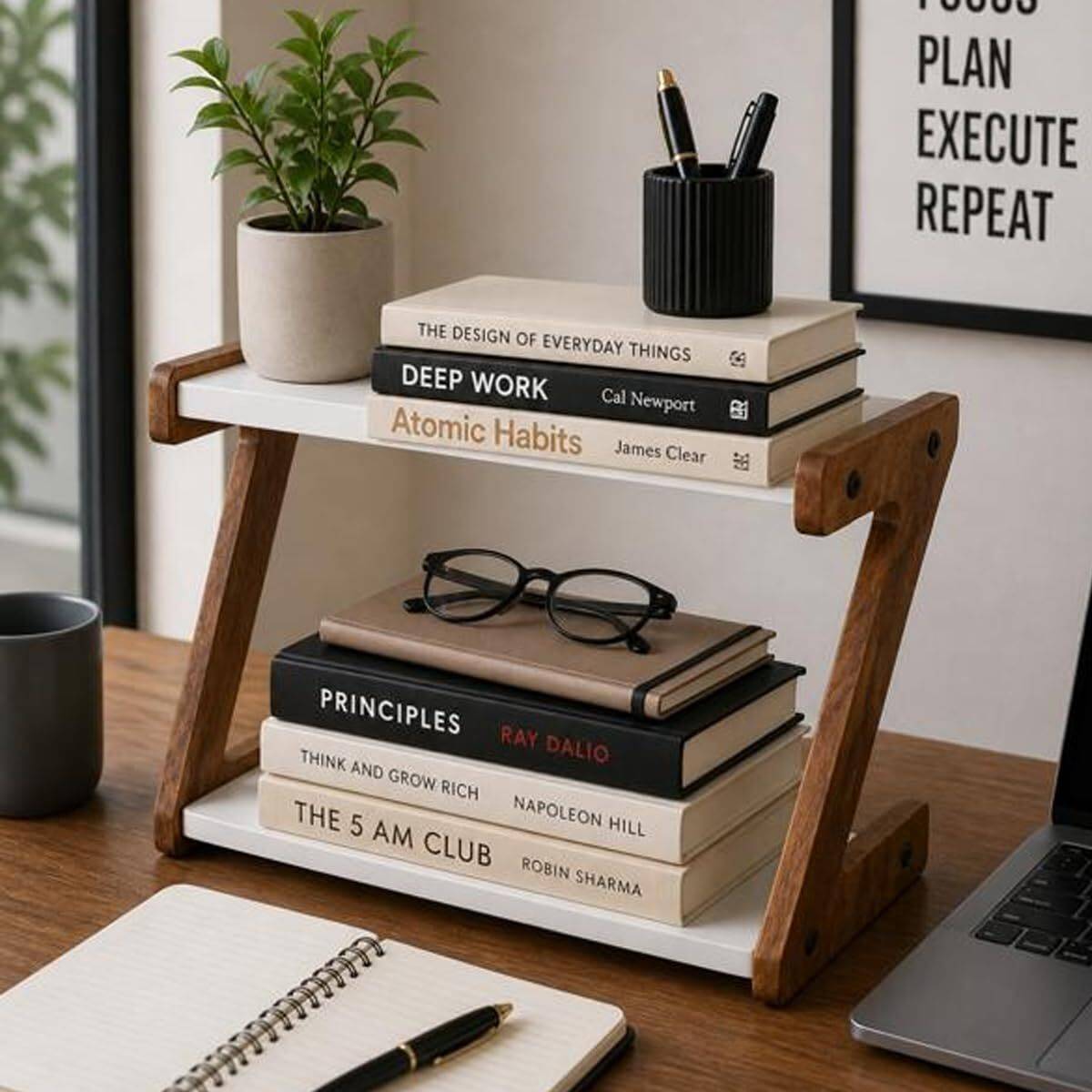 Dwhandicrafts Containers Kitchen Rack Wood 2 Tier Wooden Tabletop Book Rack Desk Organizer Shelf — photo 3
