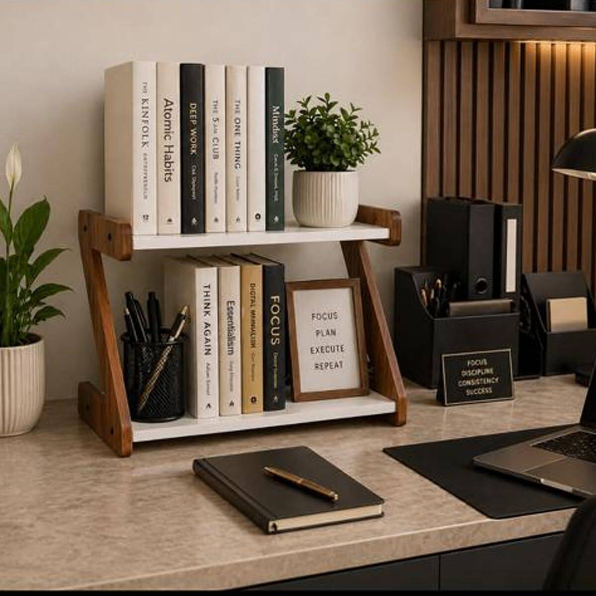 Dwhandicrafts Containers Kitchen Rack Wood 2 Tier Wooden Tabletop Book Rack Desk Organizer Shelf — photo 4