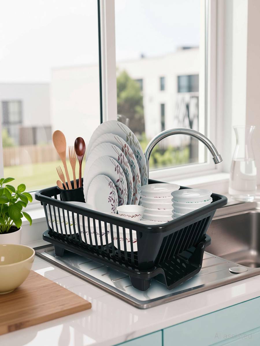 Quickmart Dish Drainer Kitchen Rack Plastic 3 in 1 Large Sink Set Dish Rack Drainer Drying Rack Basket with Tray (Black) — photo 2