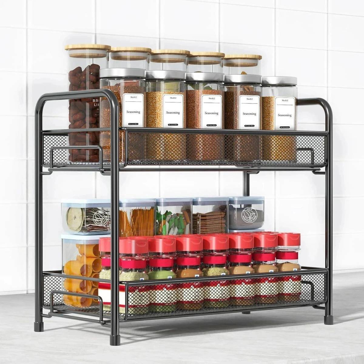 ProGrade Containers Kitchen Rack Iron 2-Tier Black Metal Spice Rack | Kitchen Storage Organizer for Countertops