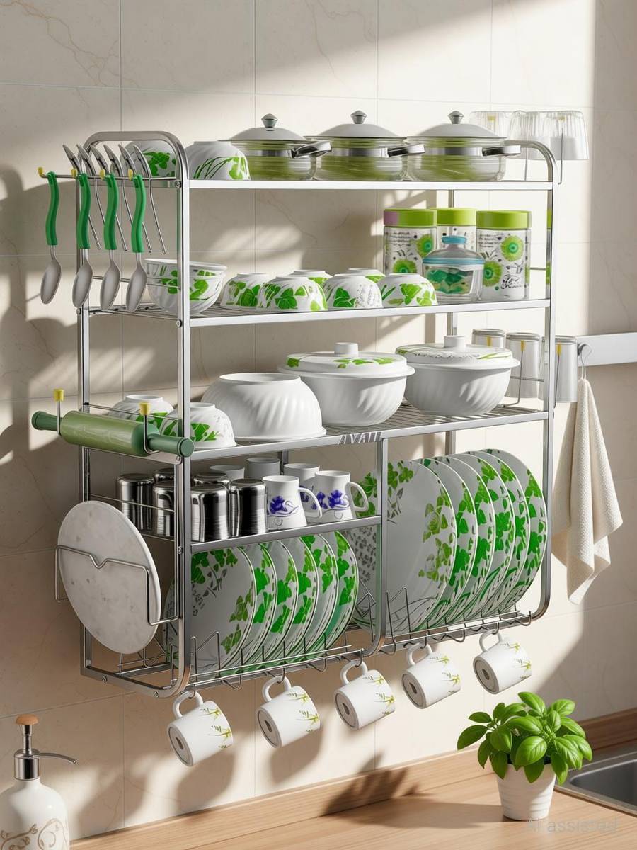 AVAIL Utensil Kitchen Rack Steel 5 Layer 31*30 Wall Mount Kitchen Dish Rack / Plate Cutlery Stand / Kitchen Organizer Stand / Modern Kitchen Stand