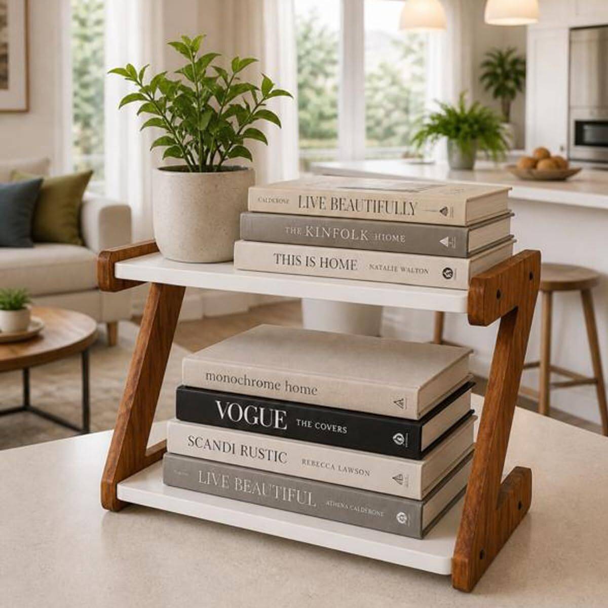 Dwhandicrafts Containers Kitchen Rack Wood 2 Tier Wooden Tabletop Book Rack Desk Organizer Shelf — photo 2