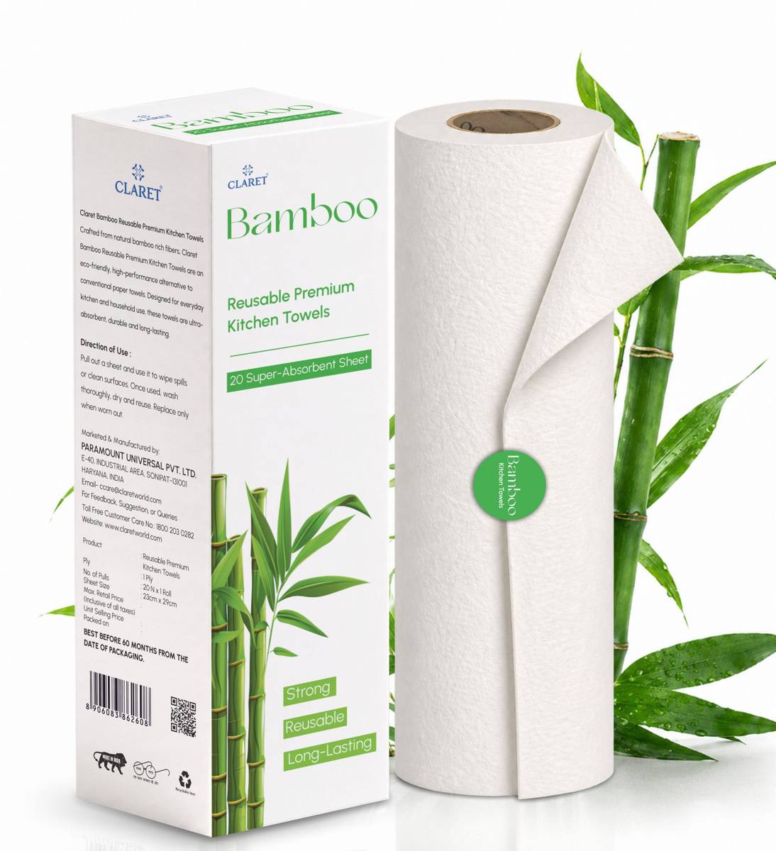 CLARET Bamboo Reusable Premium Kitchen Towel | Washable, Ultra Absorbent | Pack of 1