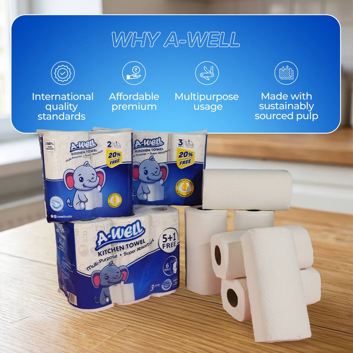 A-Well A-Well Kitchen Tissue Roll 3X90 | Extra Strong & Highly Absorbent — photo 3