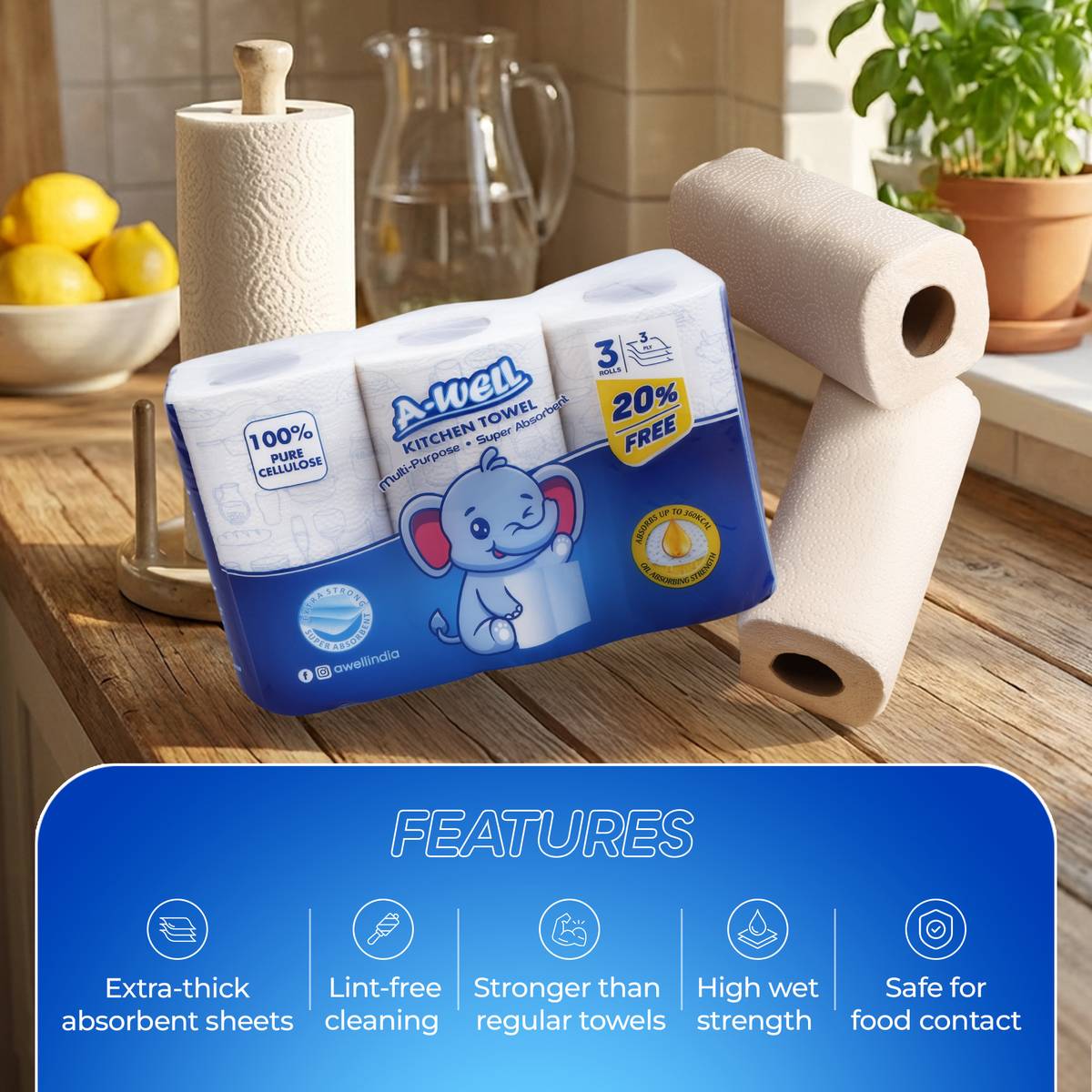 A-Well A-Well Kitchen Tissue Roll 3X90 | Extra Strong & Highly Absorbent — photo 4