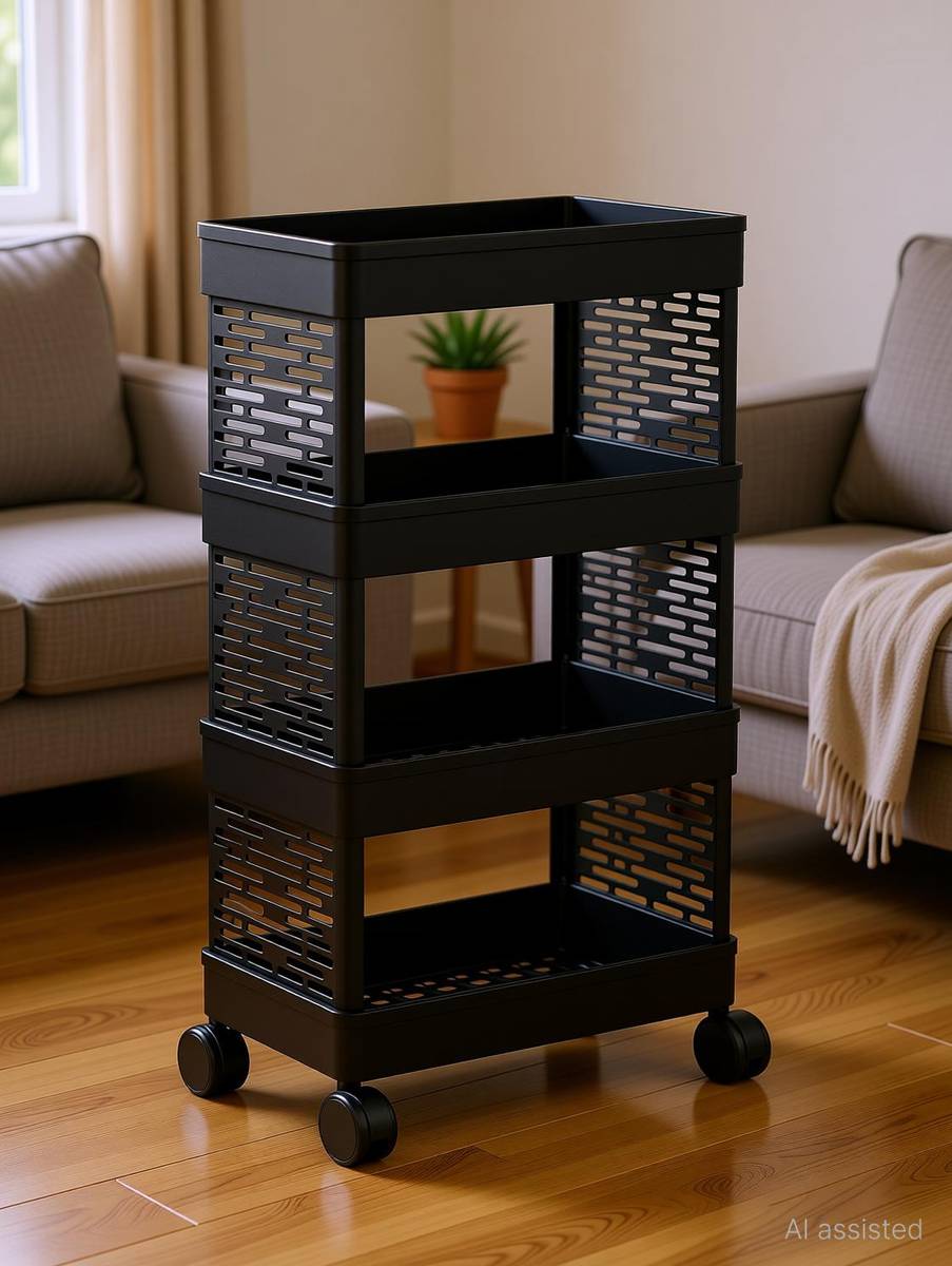 Surety for Safety Plastic 4 compartments plastic foldable trolley for spice racks With wheels Storage Basket