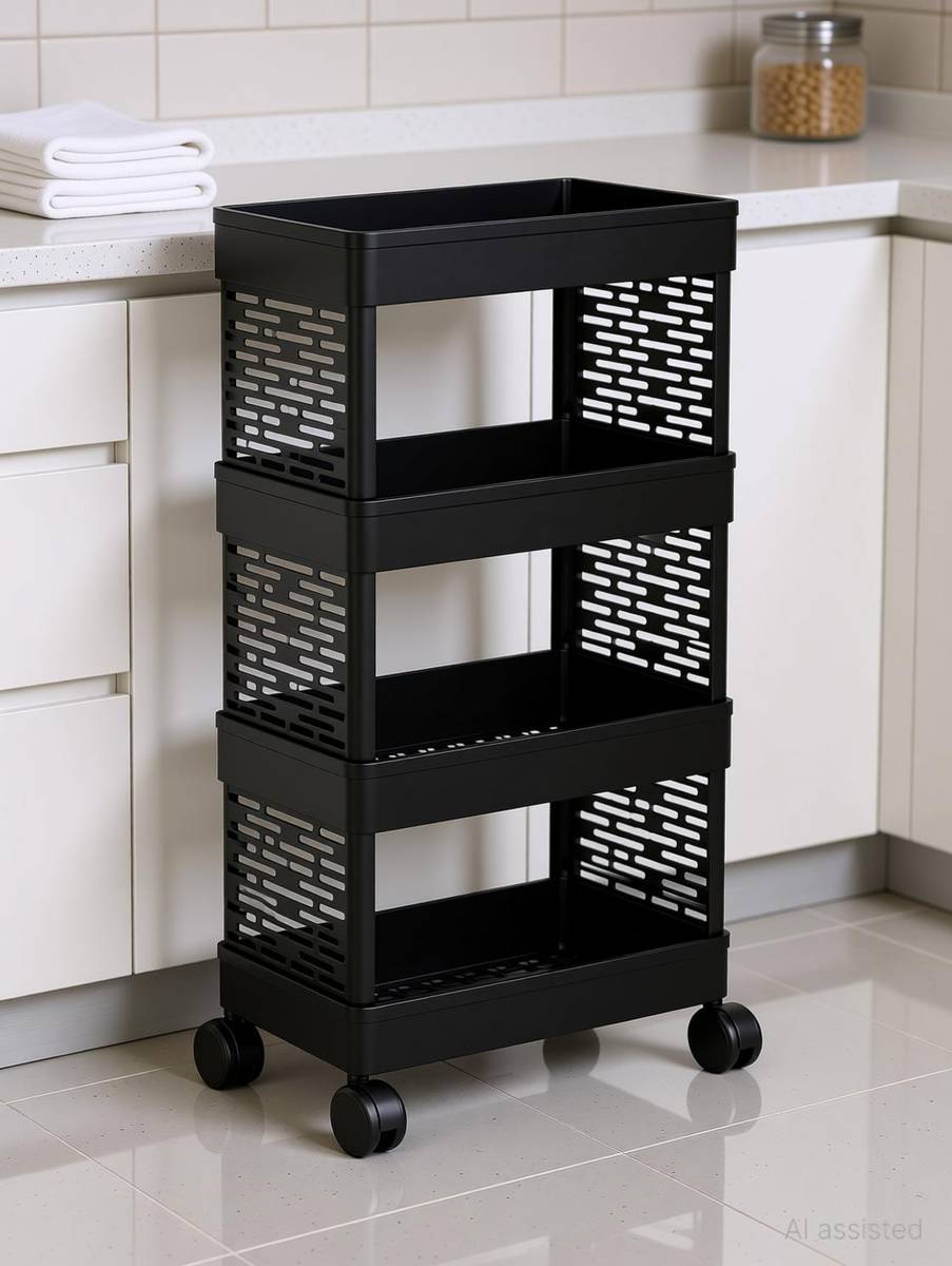 Surety for Safety Plastic 4 compartments plastic foldable trolley for spice racks With wheels Storage Basket — photo 4