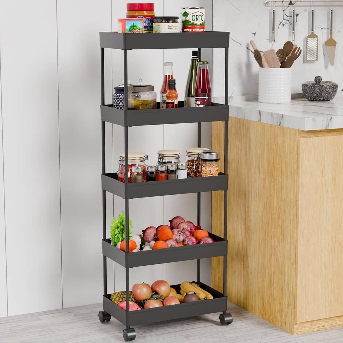 Homemet Slim 5-Layer Rolling Storage Rack Kitchen Storage Organizer Trolley Plastic Plastic Kitchen Trolley