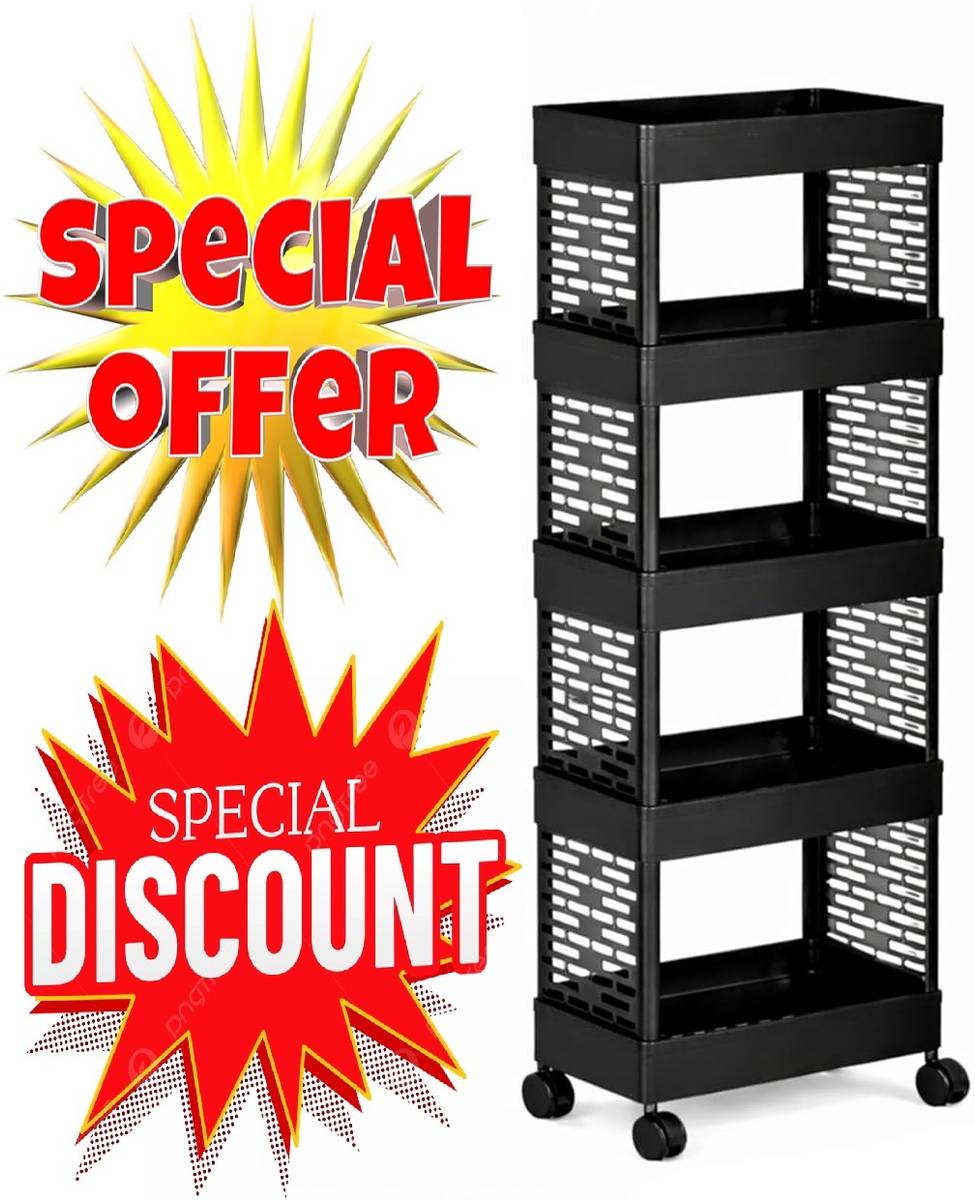5 Layer Black Tier Rolling Storage Kitchen Storage Organizer Kitchen Trolley Plastic Kitchen Trolley