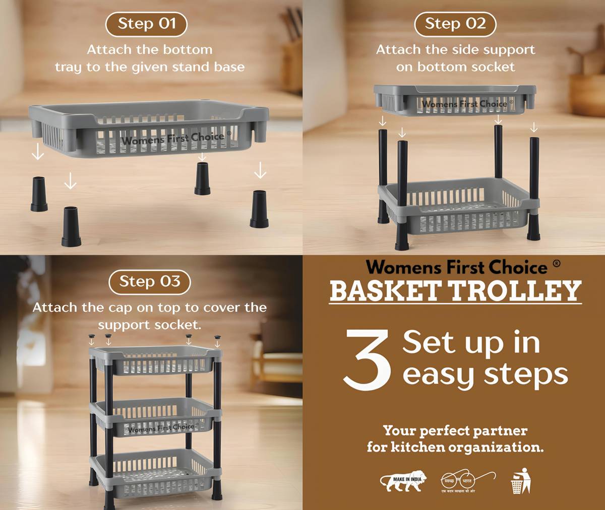 Polypropylene 3-Layer Kitchen Trolley Stand/Multipurpose Rack for Kitchen Storage Vegetable Storage Basket — photo 4
