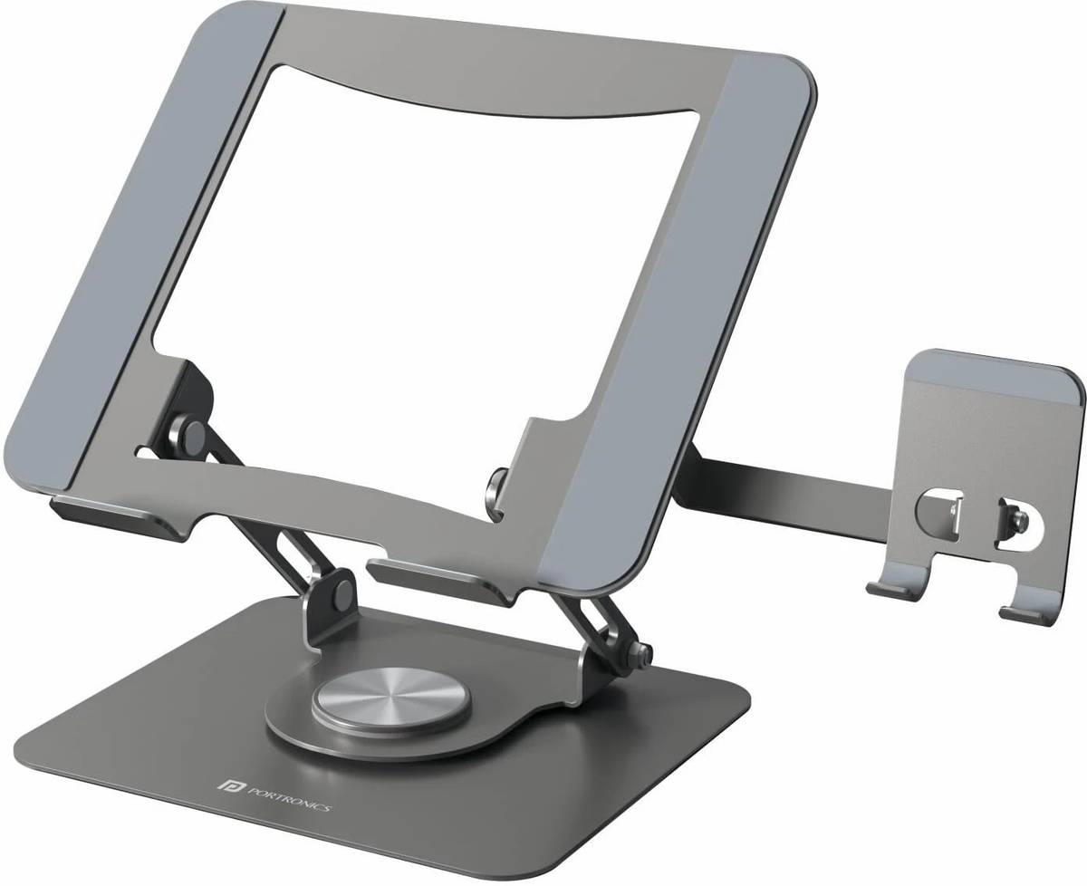 Portronics My Buddy K9 Pro 2-in-1 Metal Laptop Stand with Phone Holder & 360° Rotating Base POR-3106 Iron Desk Stand Rotatable Laptop Stand with Adjustable Height Compatible with 26 - 35 cm, 36 - 39cm Laptops