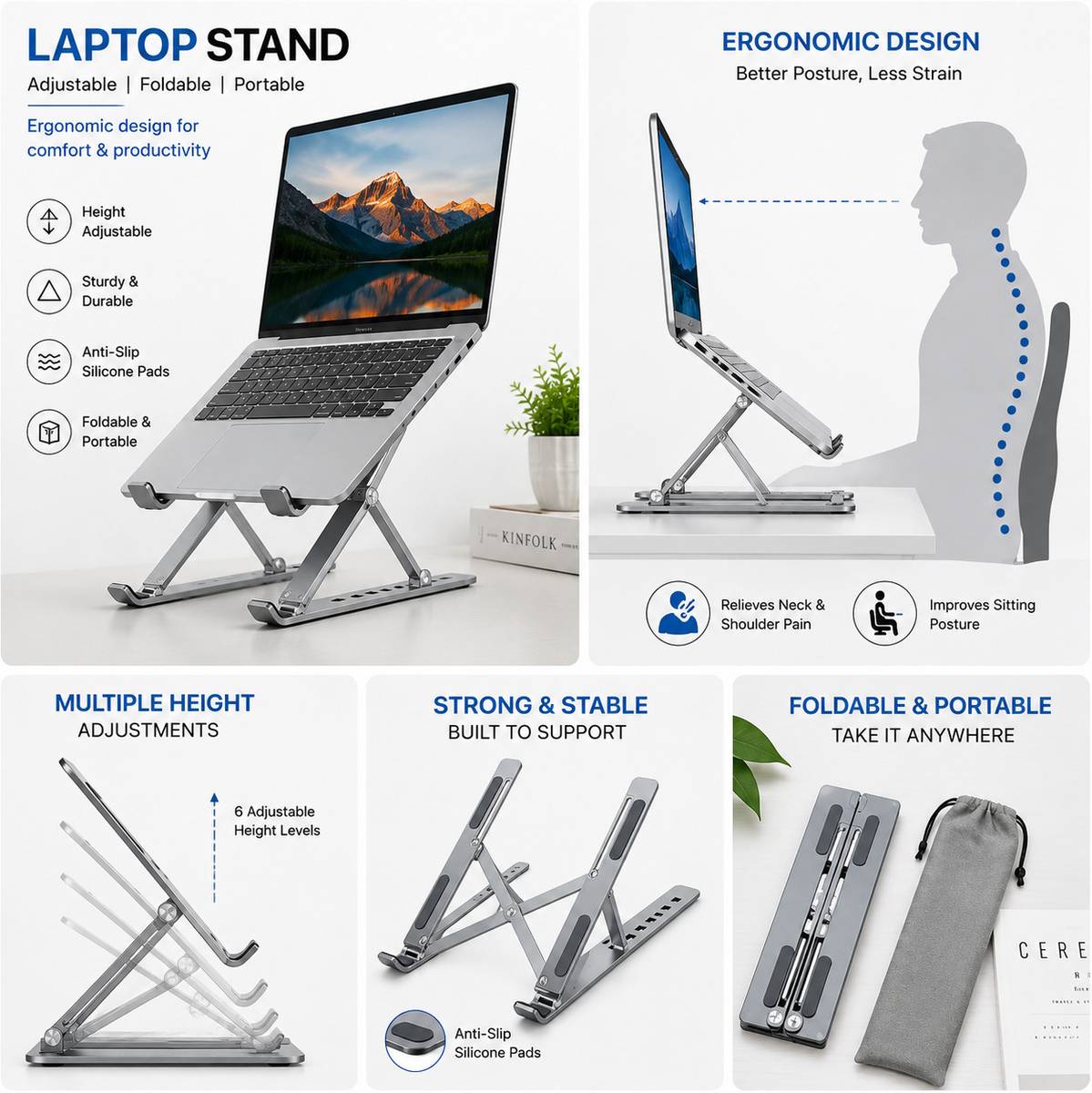 HRMEnterprise16 FlexiLift Pro Adjustable Aluminium Foldable Ergonomic Laptop Stand Laptop Stand Aluminium Laptop Stand with Adjustable Height Compatible with 26 - 35 cm Laptops