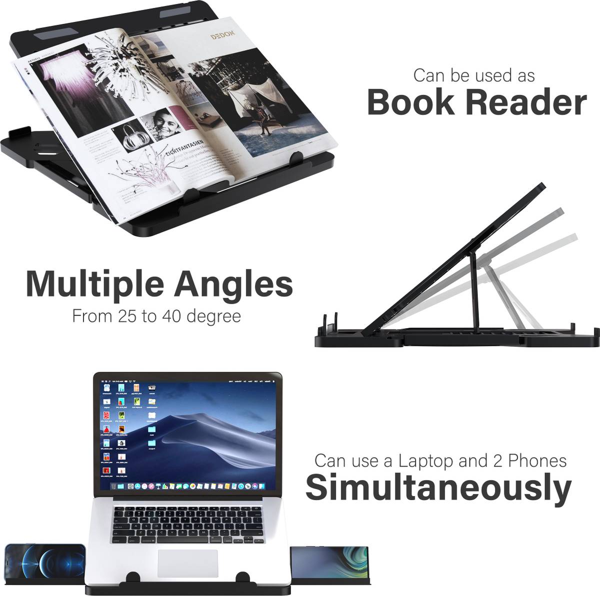 ELV DIRECT Adjustable Foldable Laptop Stand with 2 Attached Phone Stands ABSLAPSTNDBLK11 Plastic Laptop Stand with Adjustable Height Compatible with Universal Laptops — photo 3