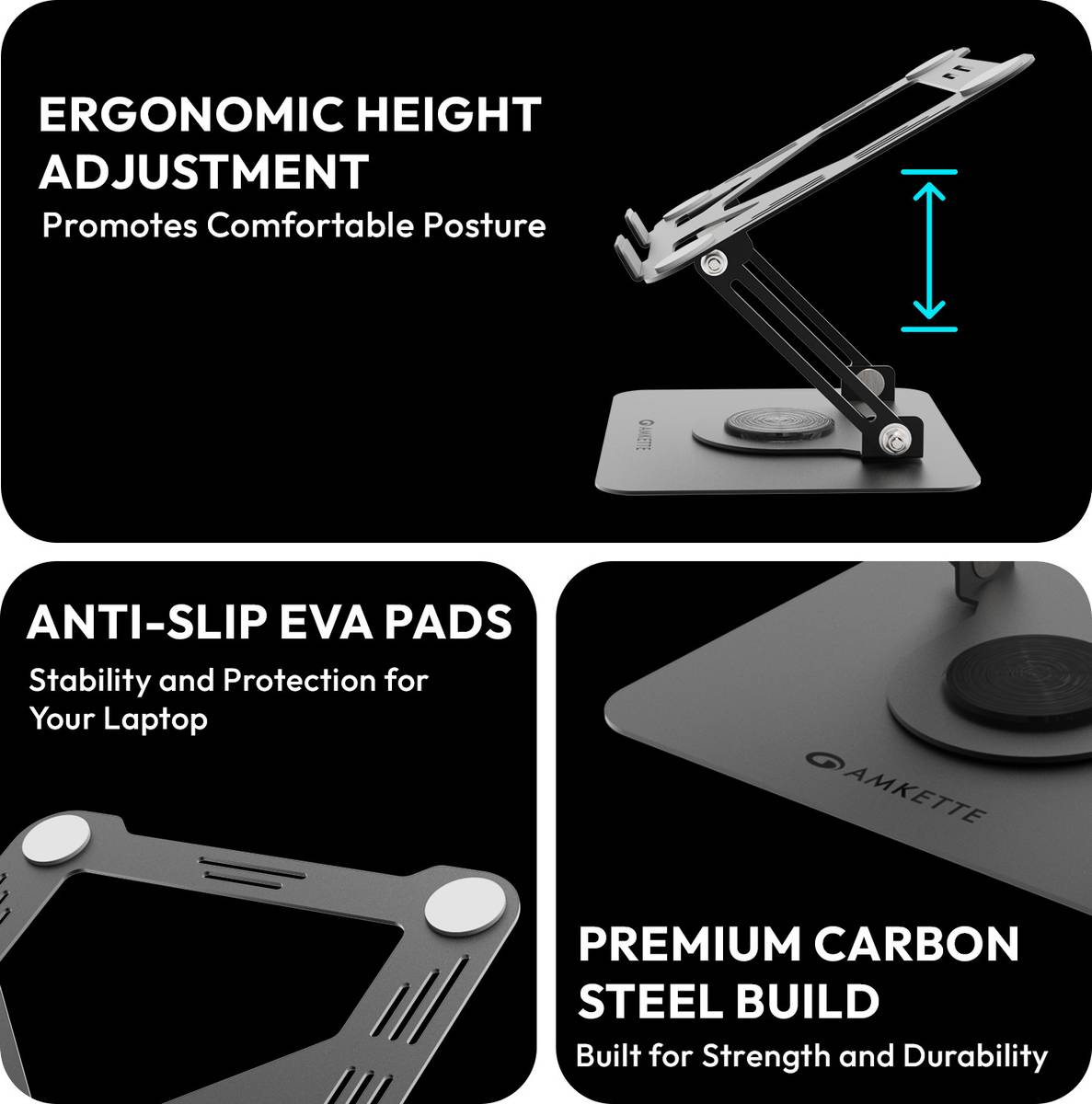 AMKETTE Ergo Hi-Rise 360 Metal 15.6 inches Carbon Steel Rotatable Laptop Stand with Adjustable Height Compatible with Universal Laptops — photo 2