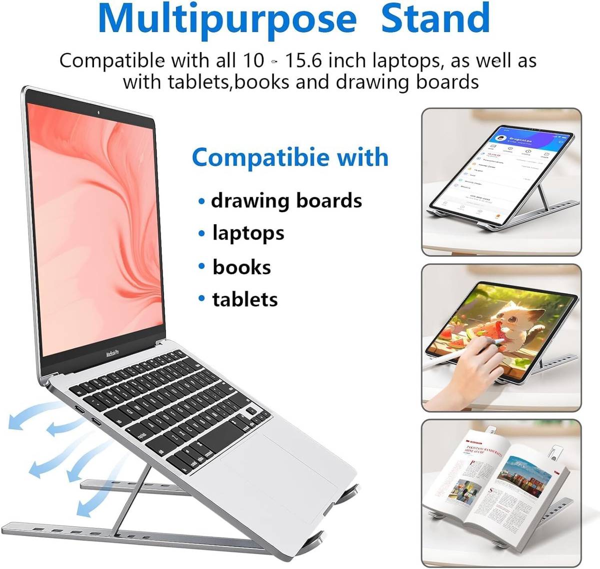 6 Angles Adjustable Aluminum Foldable Tabletop Laptop / Desktop Riser Stand Laptop Stand_01 Aluminium Laptop Stand with Adjustable Height Compatible with 26 - 35 cm Laptops — photo 2