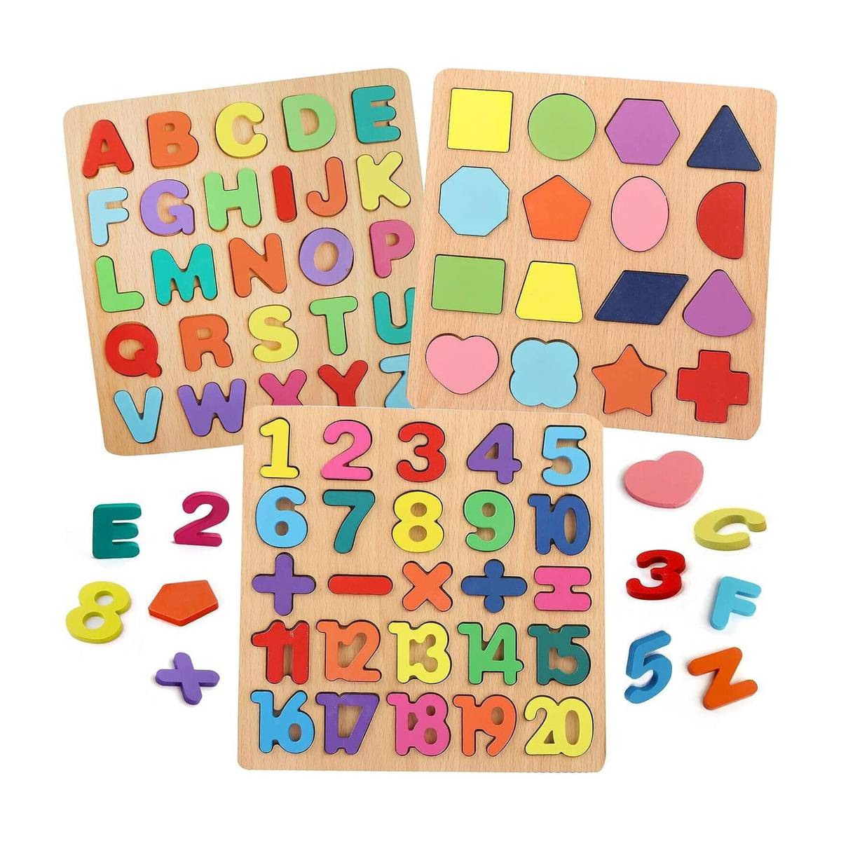 Wooden 3D Capital Alphabets, Numbers, and Shapes Board Puzzle Toy for Kids