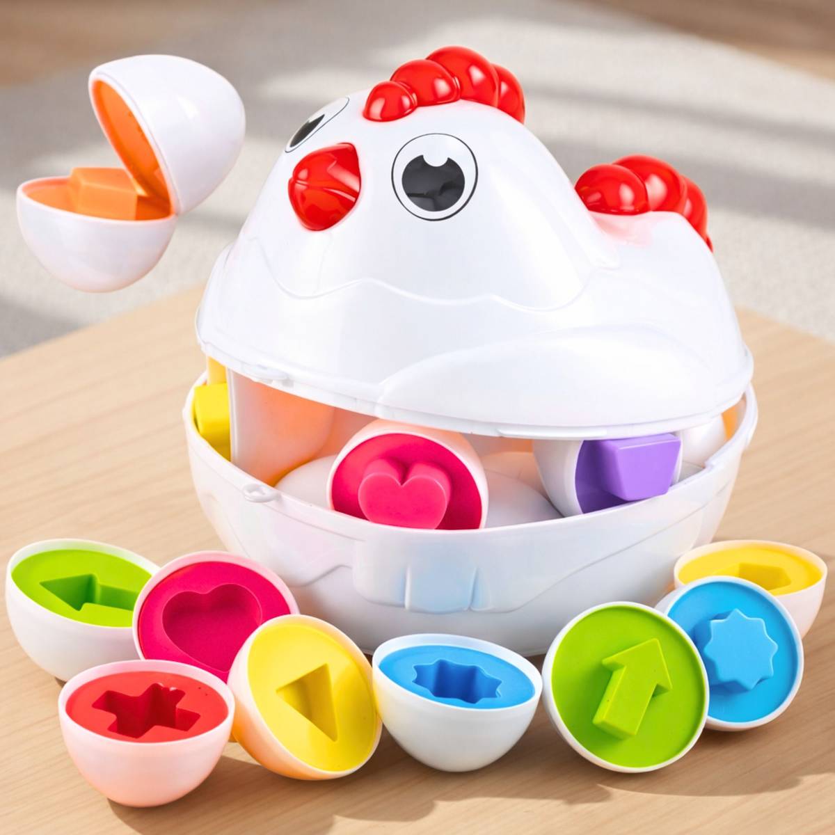 Angel Kids Matching Shapes Eggs | Pull-Along Hen Toy with Wheels | Activity Blocks 12 Pcs