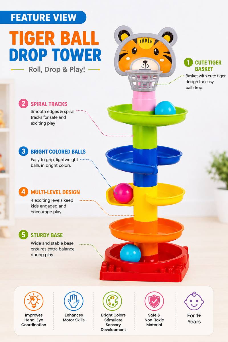Tiger Ball Run Tower Toy | Colorful Stacking Track Toy for Toddlers Age 1-3 — photo 3