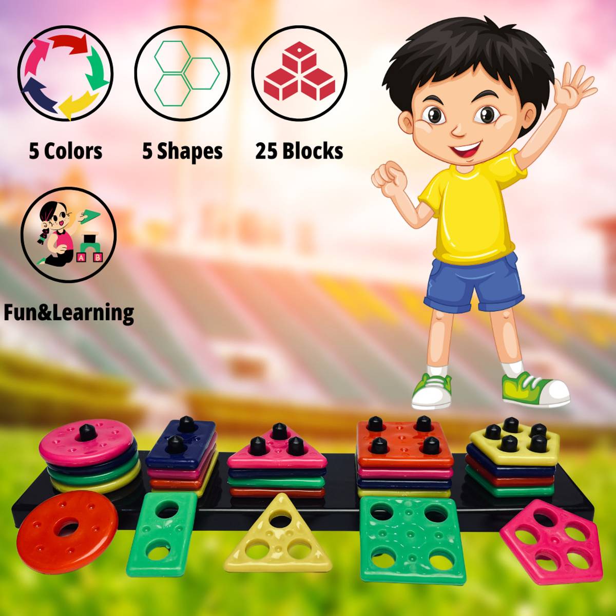 LEVIATHAN TOY 5 DIFFERENT SHAPE WITH 5 DIFFERNET COLORS EACH, 1 BASE PLATE