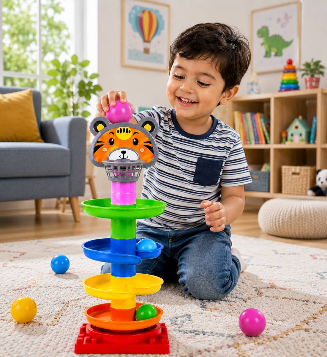 Tiger Ball Run Tower Toy | Colorful Stacking Track Toy for Toddlers Age 1-3
