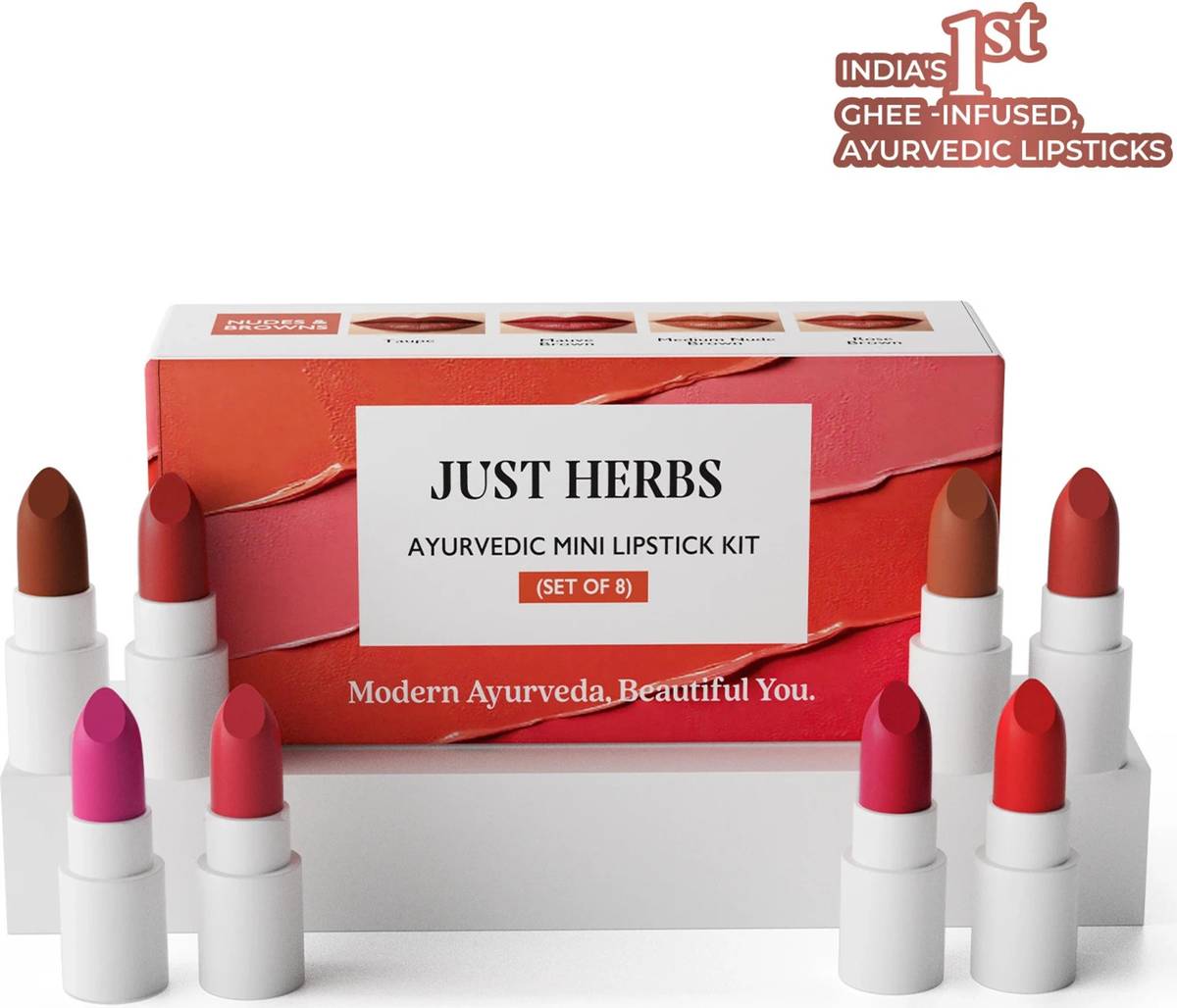 Just Herbs Ayurvedic Lipstick Micro-mini Kit|Kit of 8 Matte Lipsticks Travel-friendly -9.6g