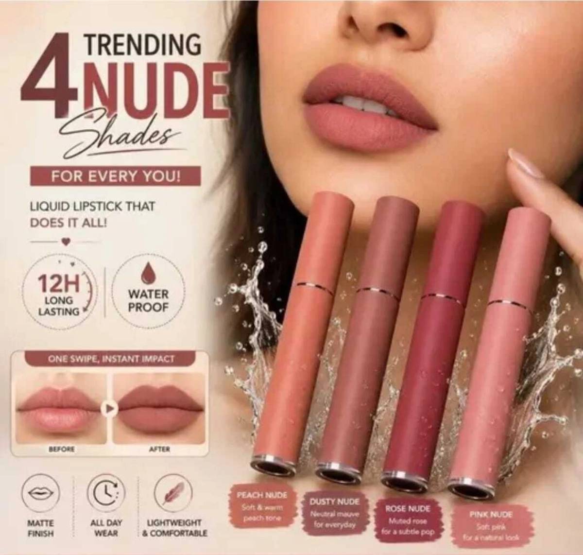 VELSAC BEAUTY Nude Shade Waterproof Liquid Lipstick (Pink, Rose, Peach, Berry, 16 ml) — photo 4