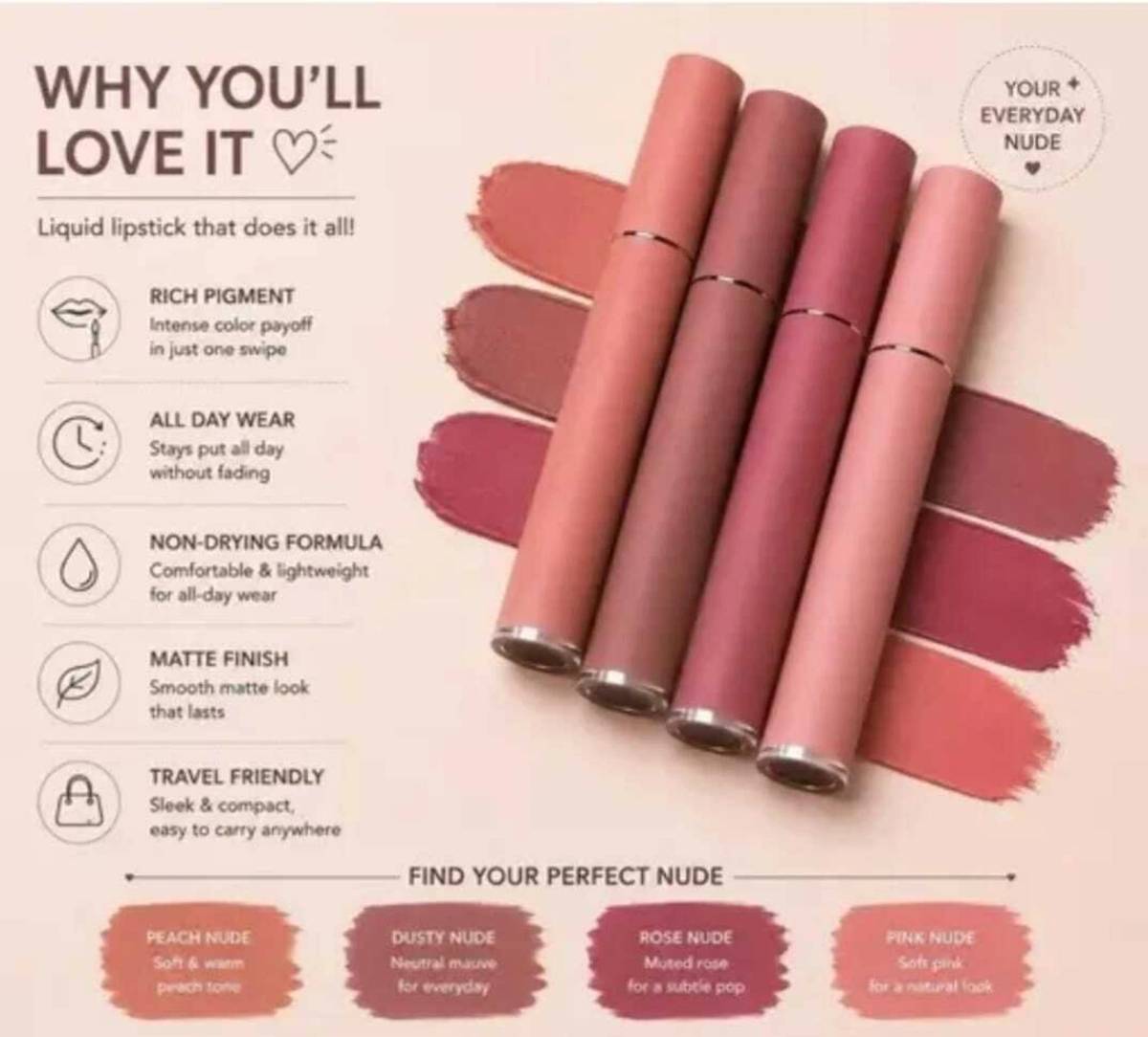 VELSAC BEAUTY Nude Shade Waterproof Liquid Lipstick (Pink, Rose, Peach, Berry, 16 ml) — photo 3