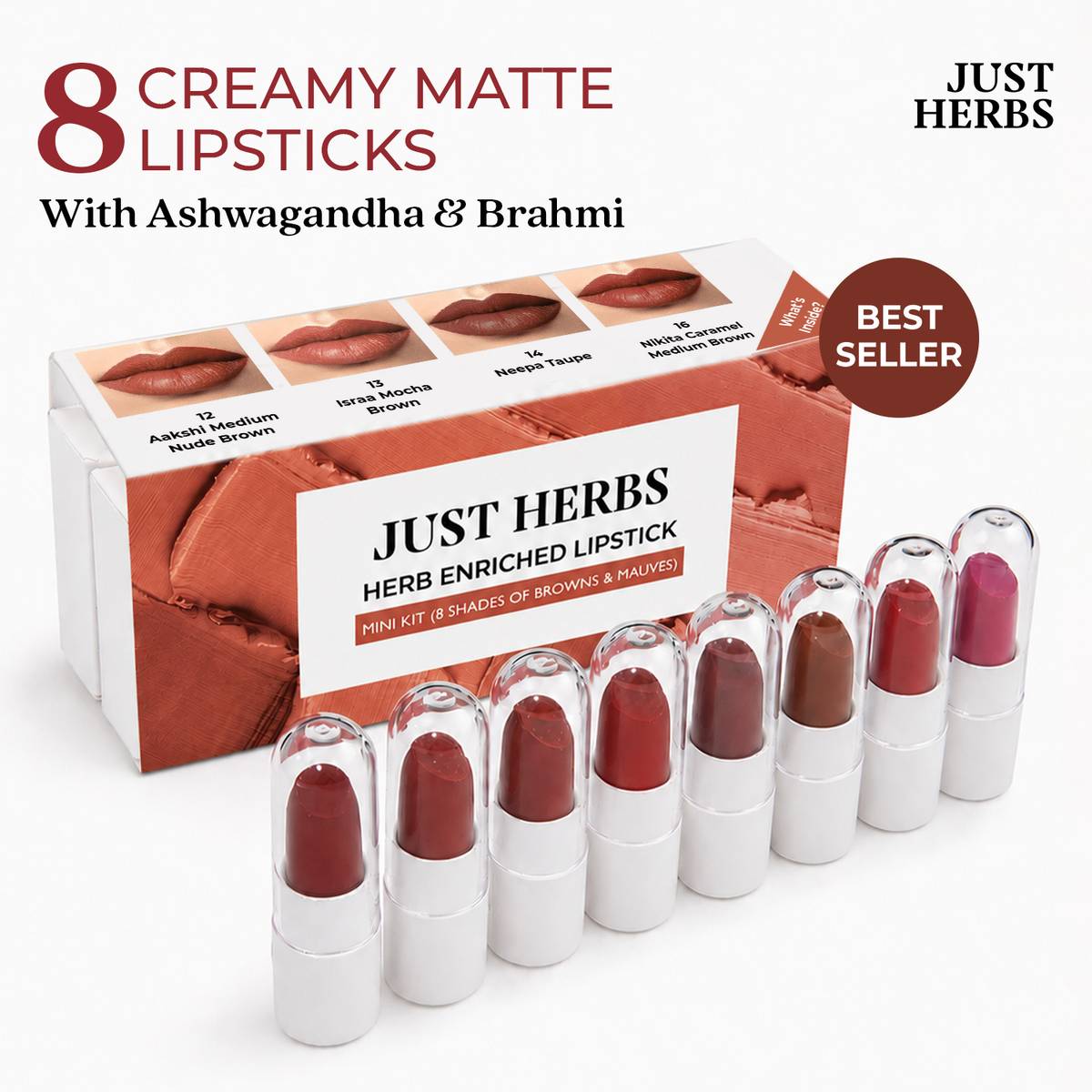 Just Herbs Herb Enriched Lipstick Kit | 8 Matte Brown & Mauve Shades for Women
