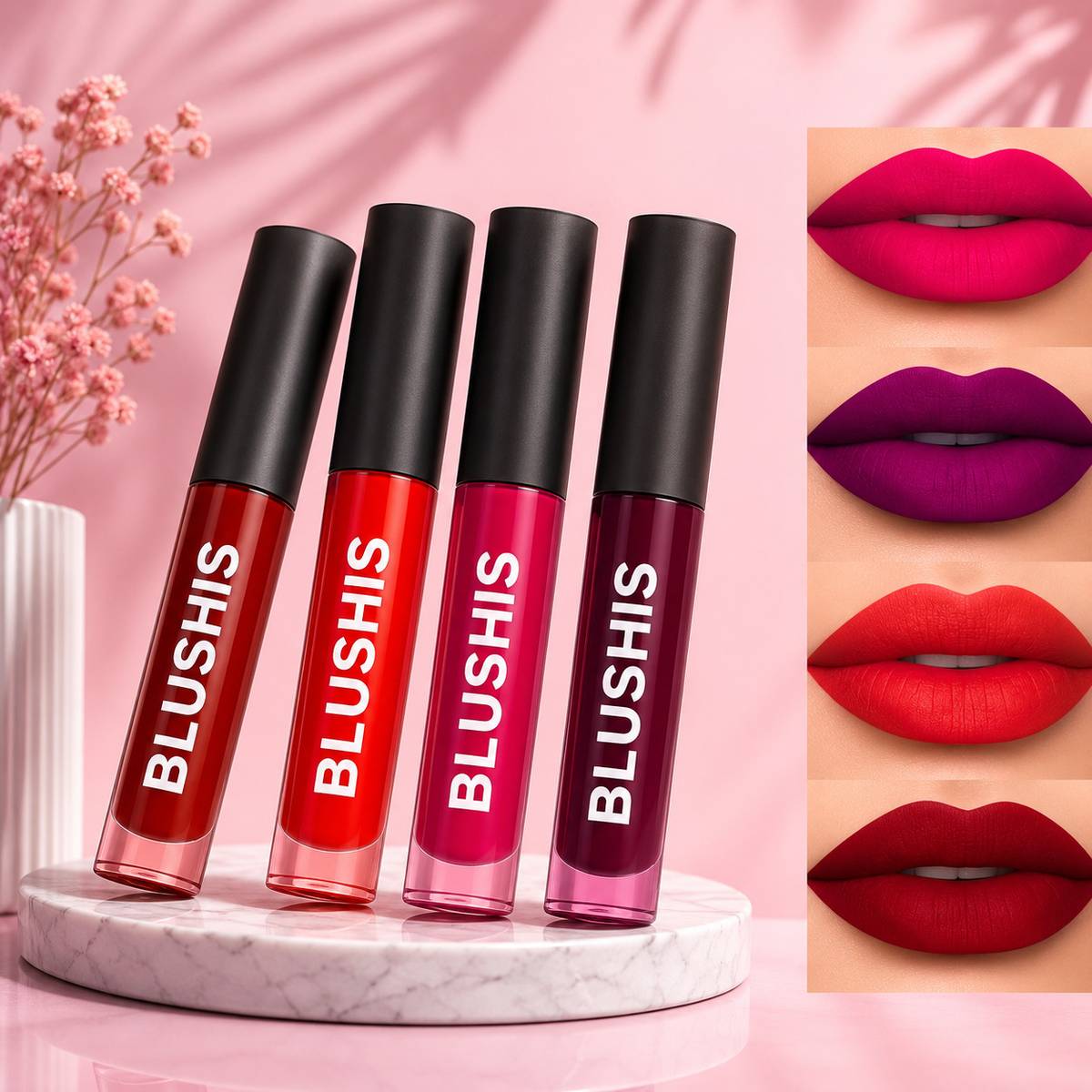 BLUSHIS Non Transfer Insta Beauty Waterproof Longlast SensationaL Liquid Matte Mini Lipstick Combo Pack Of 4 Red ,Purple Maroon and Magenta Colour Shade