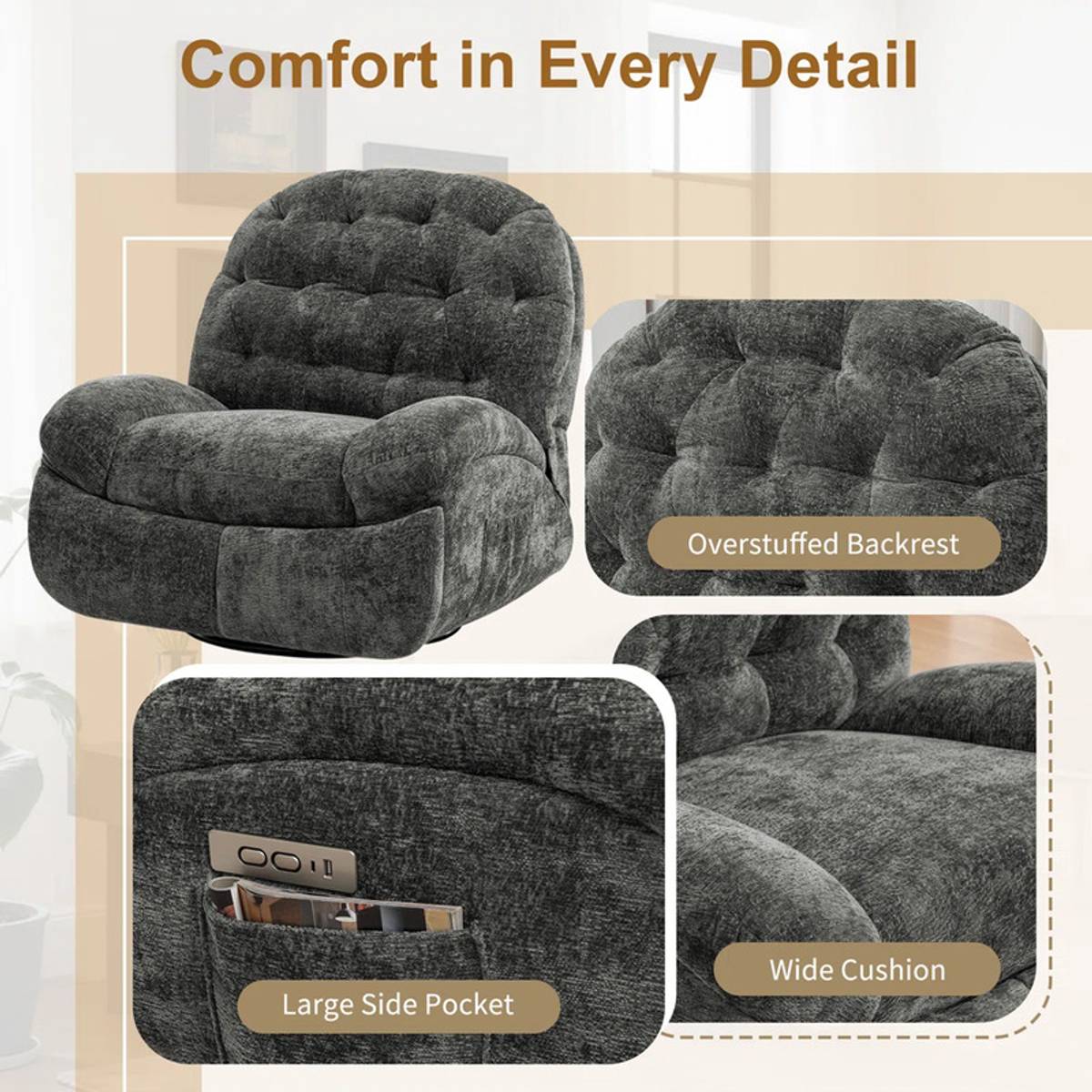 Friends Life Recliner Sofa 1 Seater, Electric Recliner Chair, Soft Fabric Solid Wood Living Room Chair — photo 4