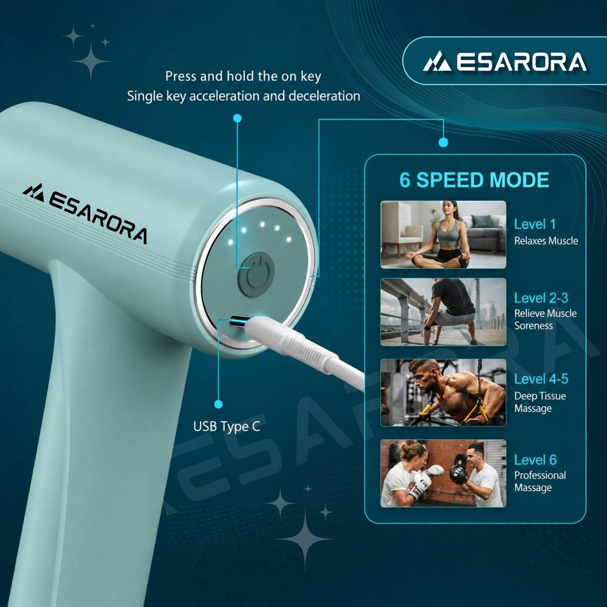 Esarora Massage Gun Deep Tissue 6-Speed Portable Percussion Muscle Massager with 4 Heads, Pain Relief, Relaxation for Stiff Shoulders With Full body Massage Massager — photo 3