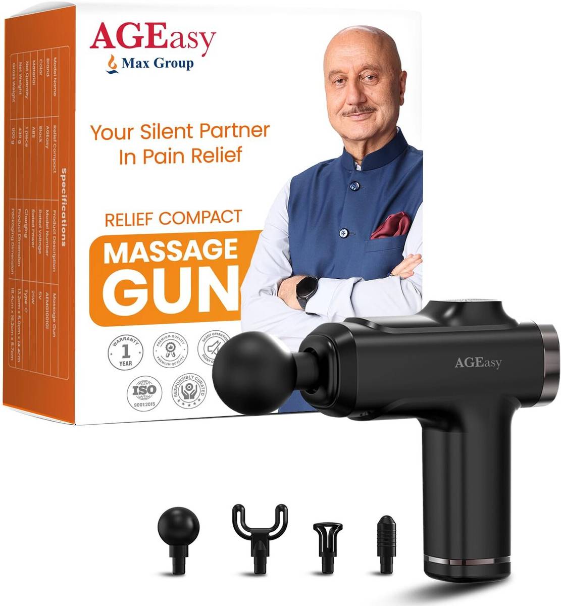 AGEasy (Max Group) Massage Gun, 8 Speed, 4 Massage Heads, Rechargable USB Type - C Massager
