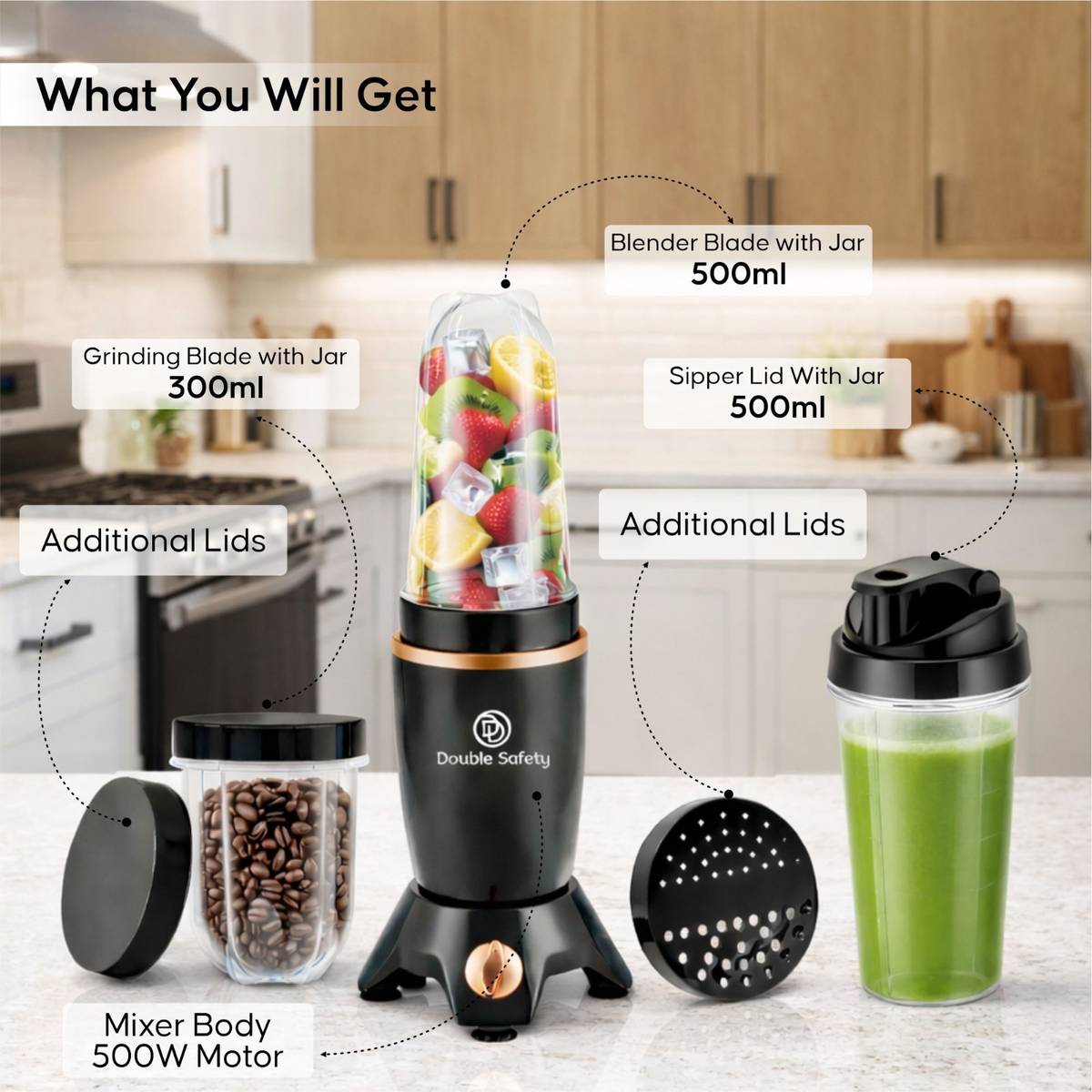 Double Safety Nutri GO Blender 500W for Smoothies, Shakes, Chutney & Dry Grinding 500 W Juicer Mixer Grinder — photo 3