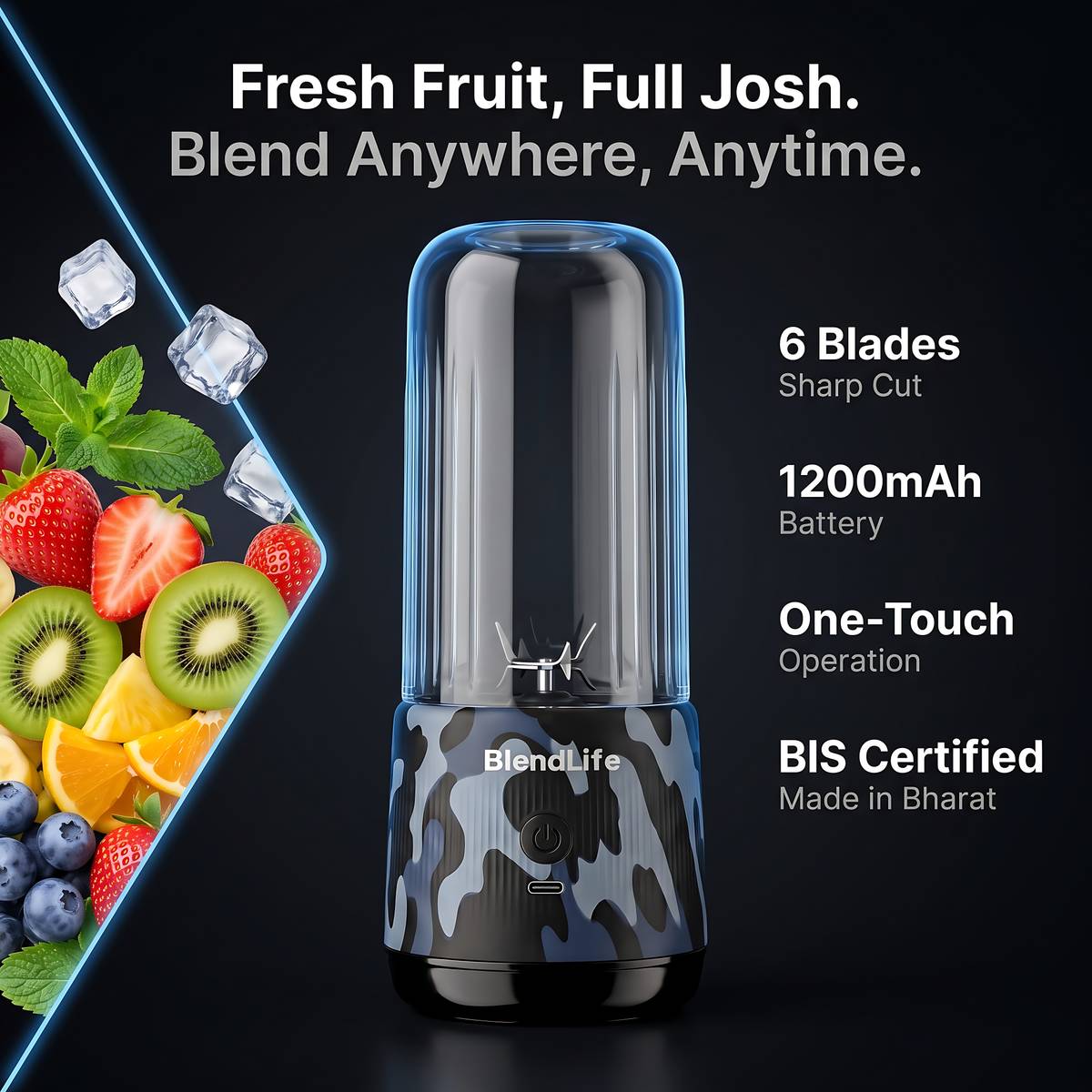 BlendLife JOSH Portable Blender, 380ml, 1200mAh, Made in Bharat, ISI Certified 100 W Juicer Mixer Grinder — photo 2