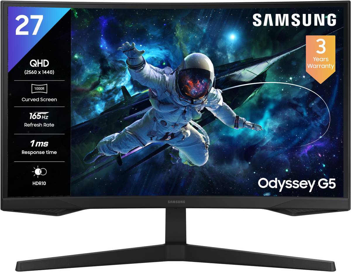 Samsung Odyssey G5 Curved 68.4 cm (27 inch) Curved Quad HD LED Backlit VA Panel with HDR10, 1000R curvature, 300 nits brightness, Ports-HDMI,DP,Headphone, DP Cable Monitor (LS27CG550EWXXL)