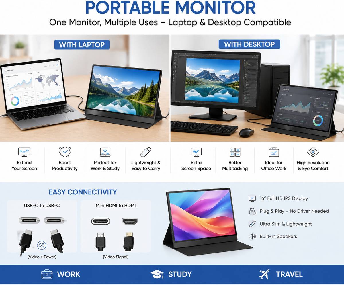 Arzopa Z1C 40.89 cm (16 inch) Full HD IPS Panel Monitor (16.1'' FHD 1080P Portable Monitor, Kickstand Portable Laptop Monitor) — photo 2
