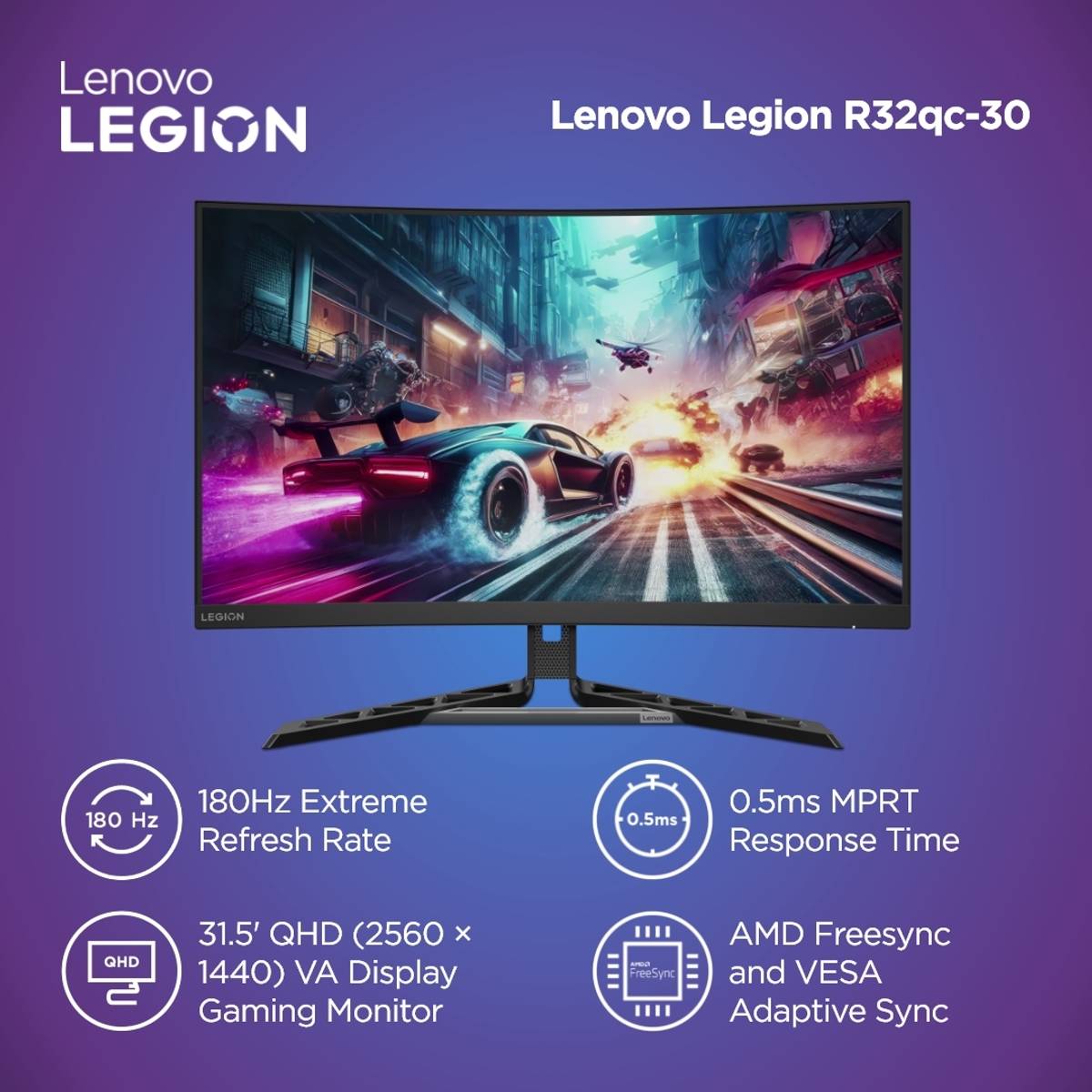 80.01 cm (32 inch) Curved Quad HD VA Panel with 99% sRGB, 1500R Curvature, 3Wx2 Speakers, 2xHDMI 2.1 TMDS, 1xDP 1.4, Tilt/Swivel/Pivot/Height Adjustable Gaming Monitor (Legion R32qc-30) — photo 2