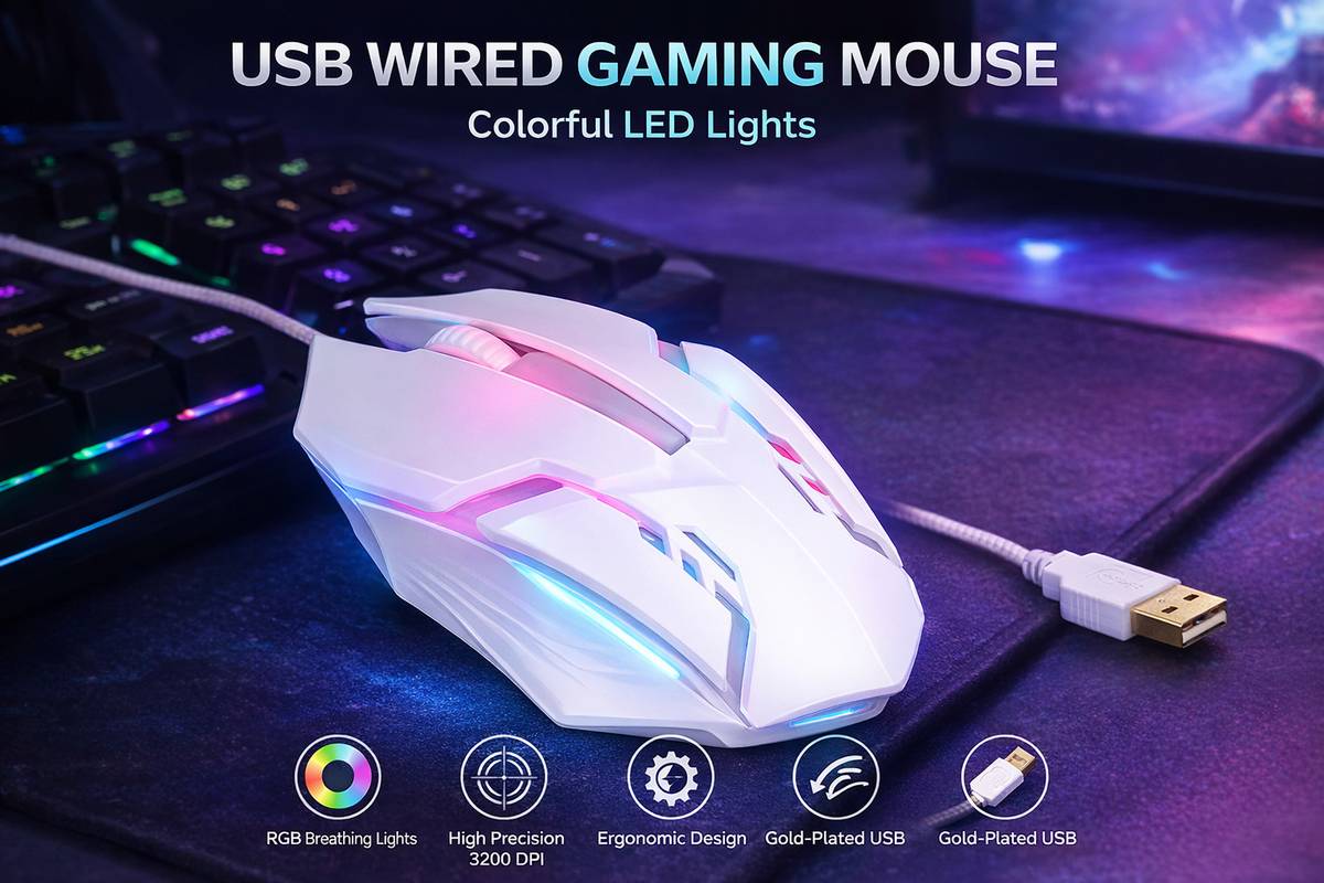 ABC RGB LED Wired Gaming Mouse 1200 DPI Ergonomic USB Optical Mouse White Wired Right Handed Optical Gaming Mouse